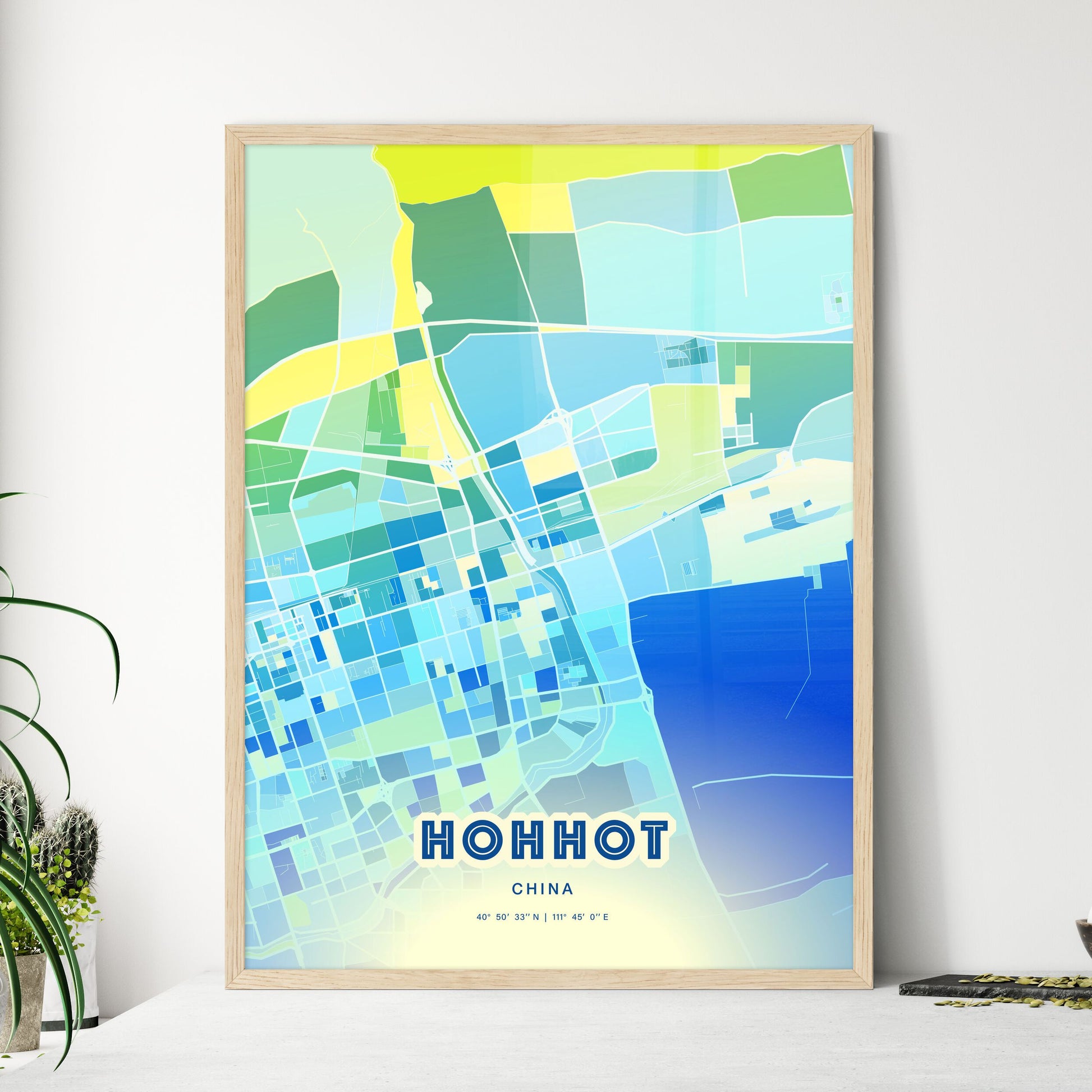 Colorful HOHHOT CHINA Fine Art Map Cool Blue