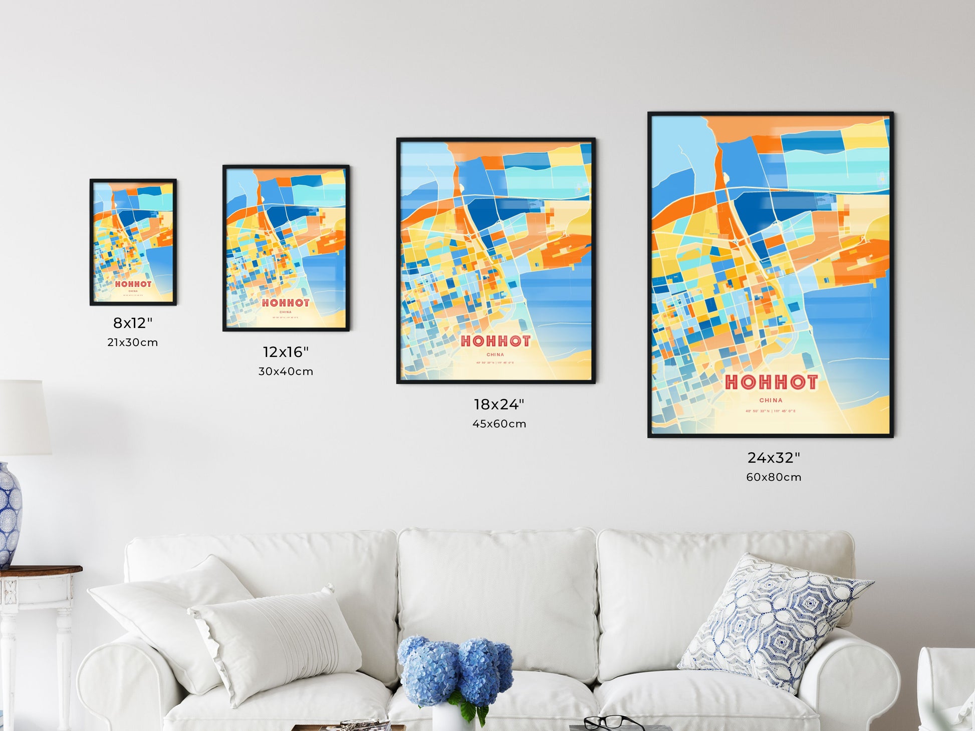 Colorful HOHHOT CHINA Fine Art Map Blue Orange