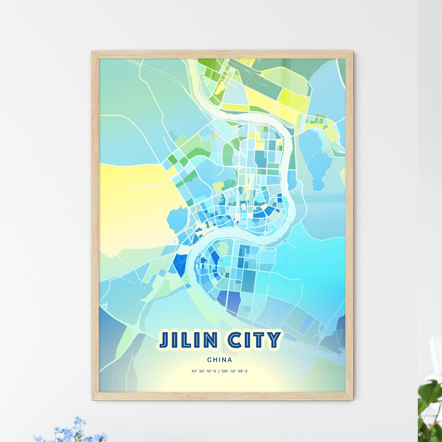 Colorful JILIN CITY CHINA Fine Art Map Cool Blue