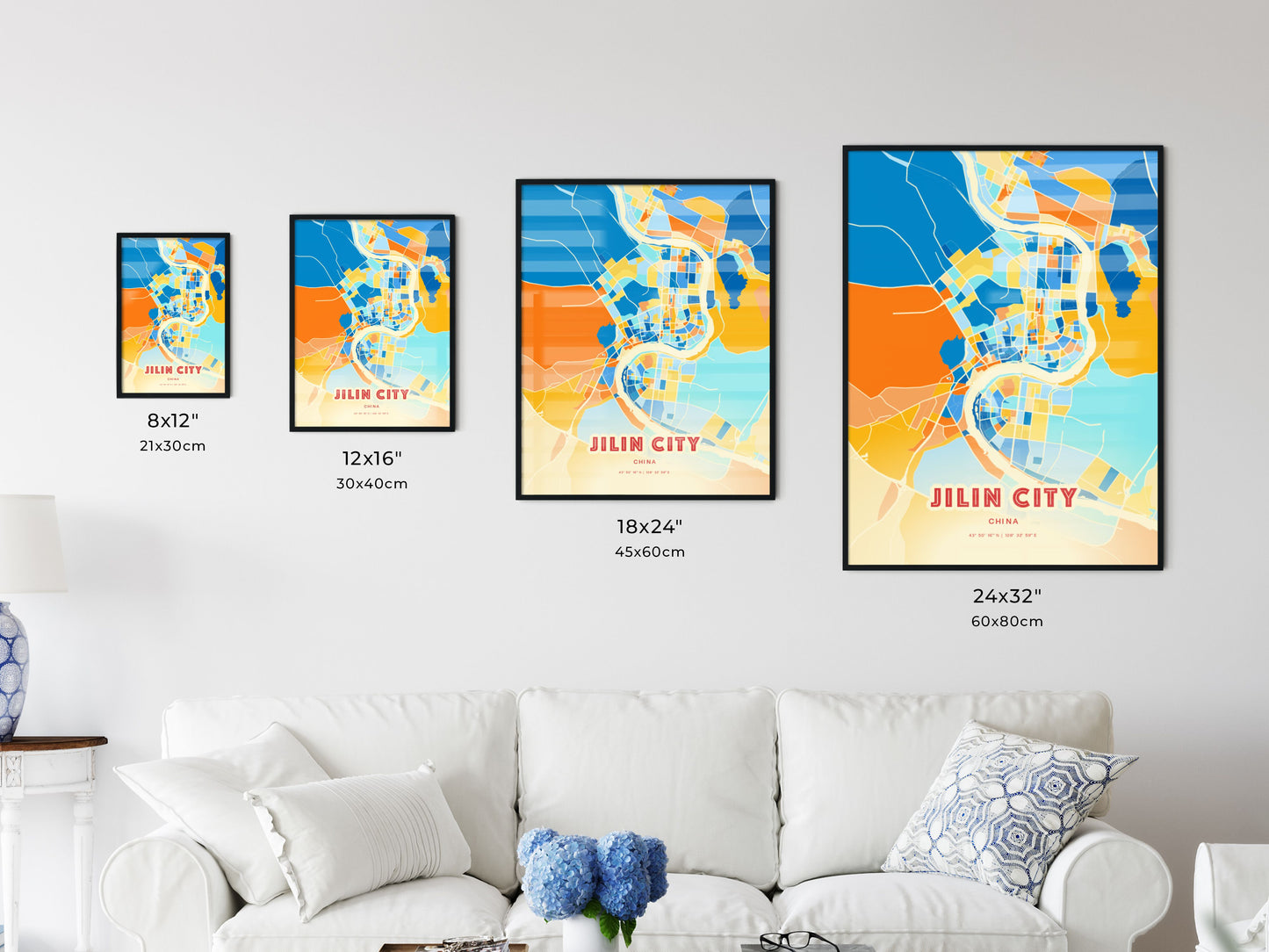 Colorful JILIN CITY CHINA Fine Art Map Blue Orange