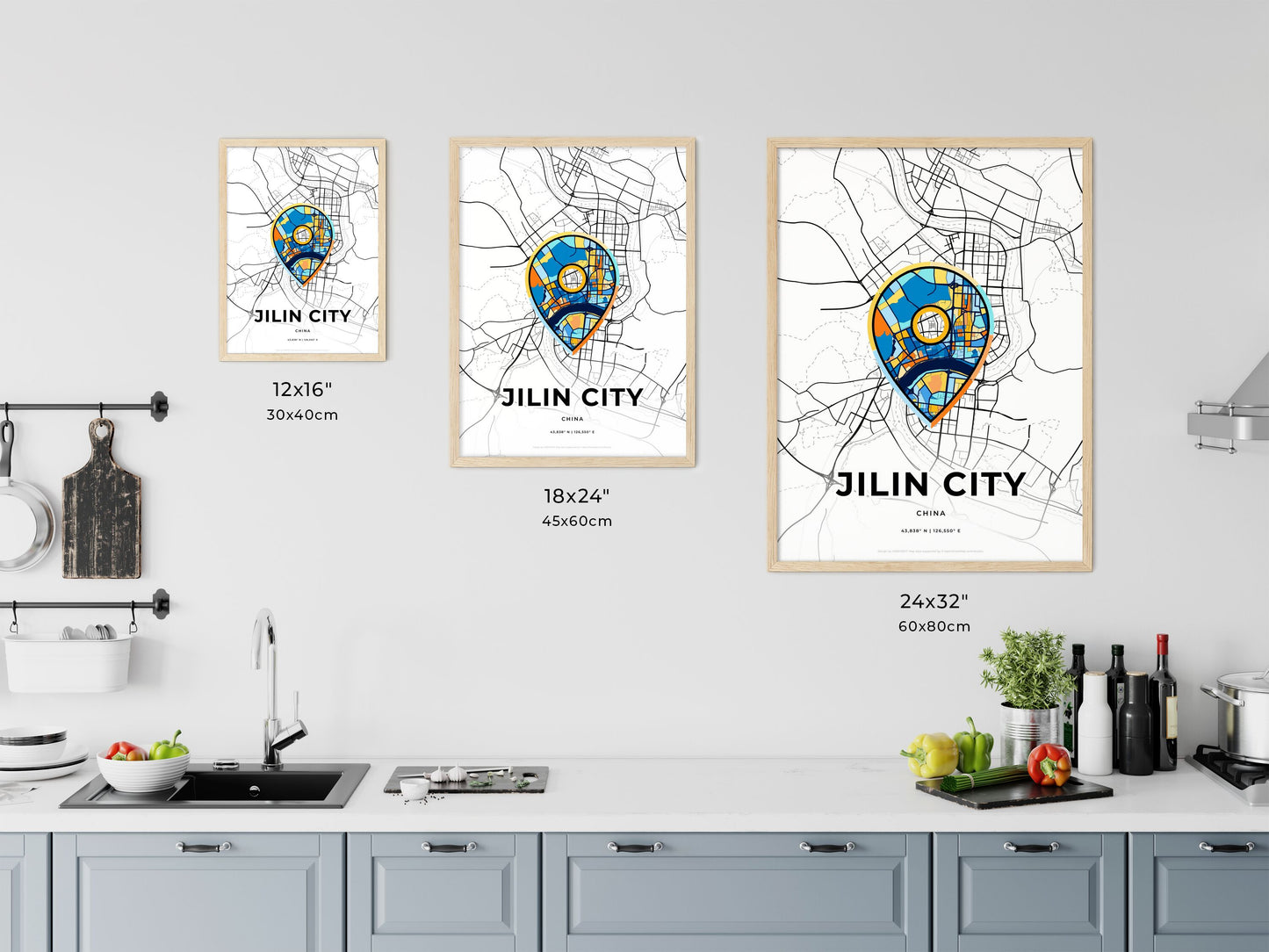 JILIN CITY CHINA minimal art map with a colorful icon. Where it all began, Couple map gift.
