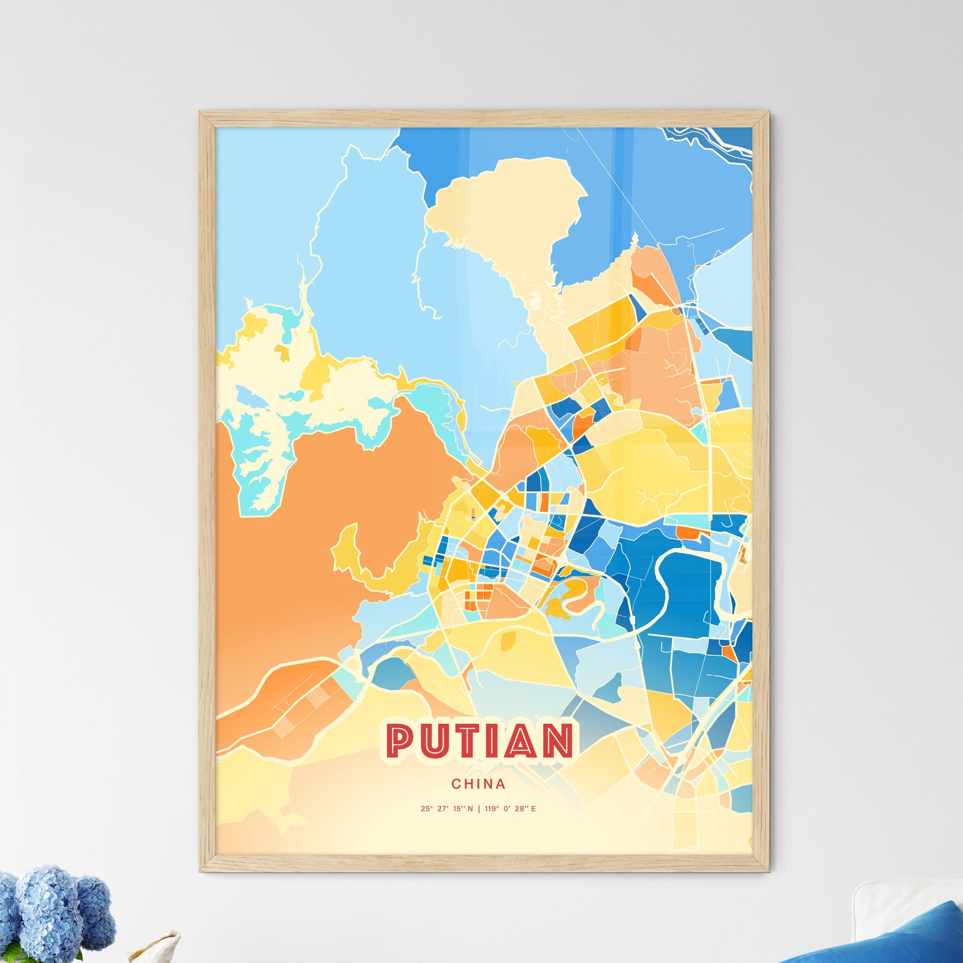 Colorful PUTIAN CHINA Fine Art Map Blue Orange