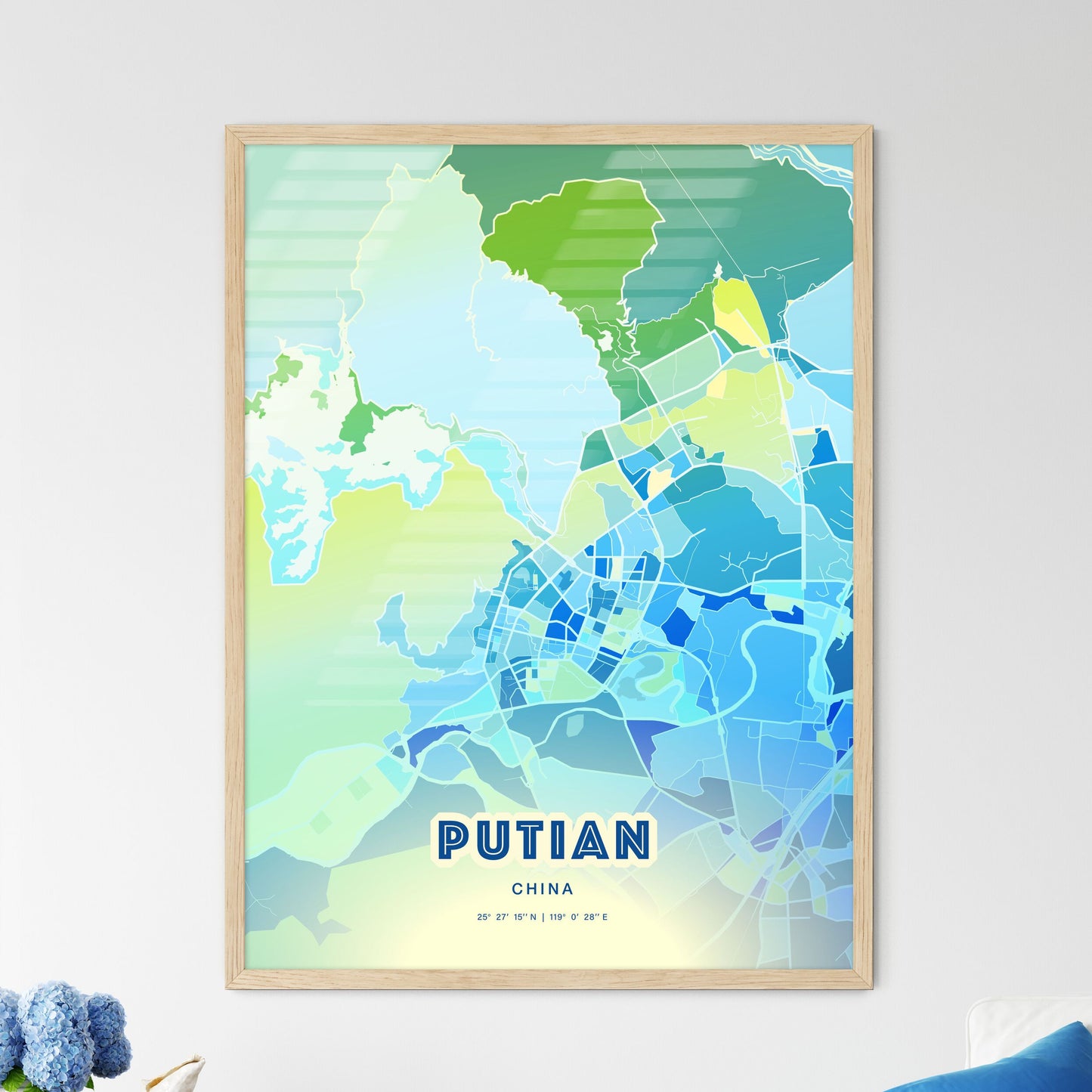 Colorful PUTIAN CHINA Fine Art Map Cool Blue