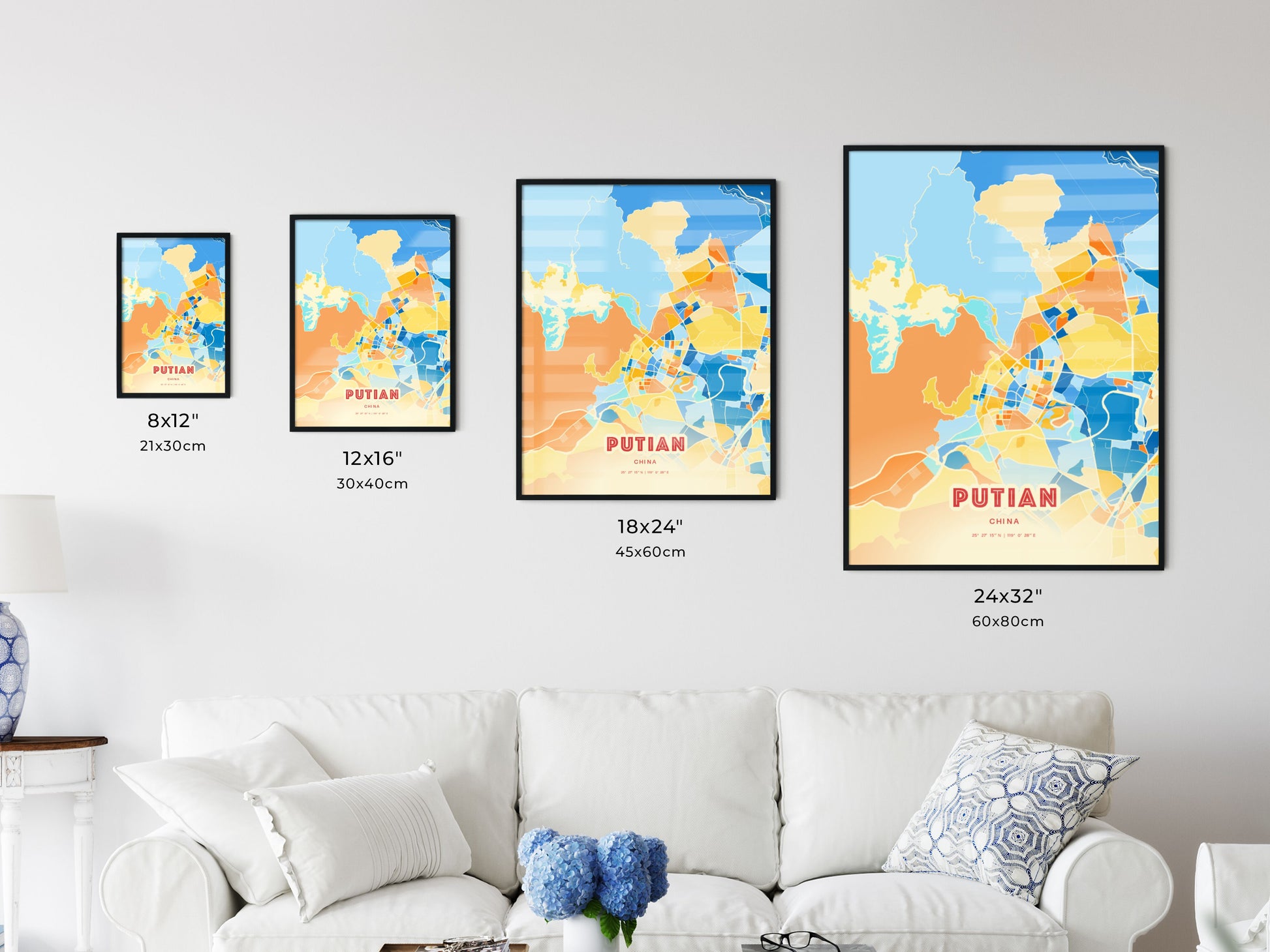 Colorful PUTIAN CHINA Fine Art Map Blue Orange