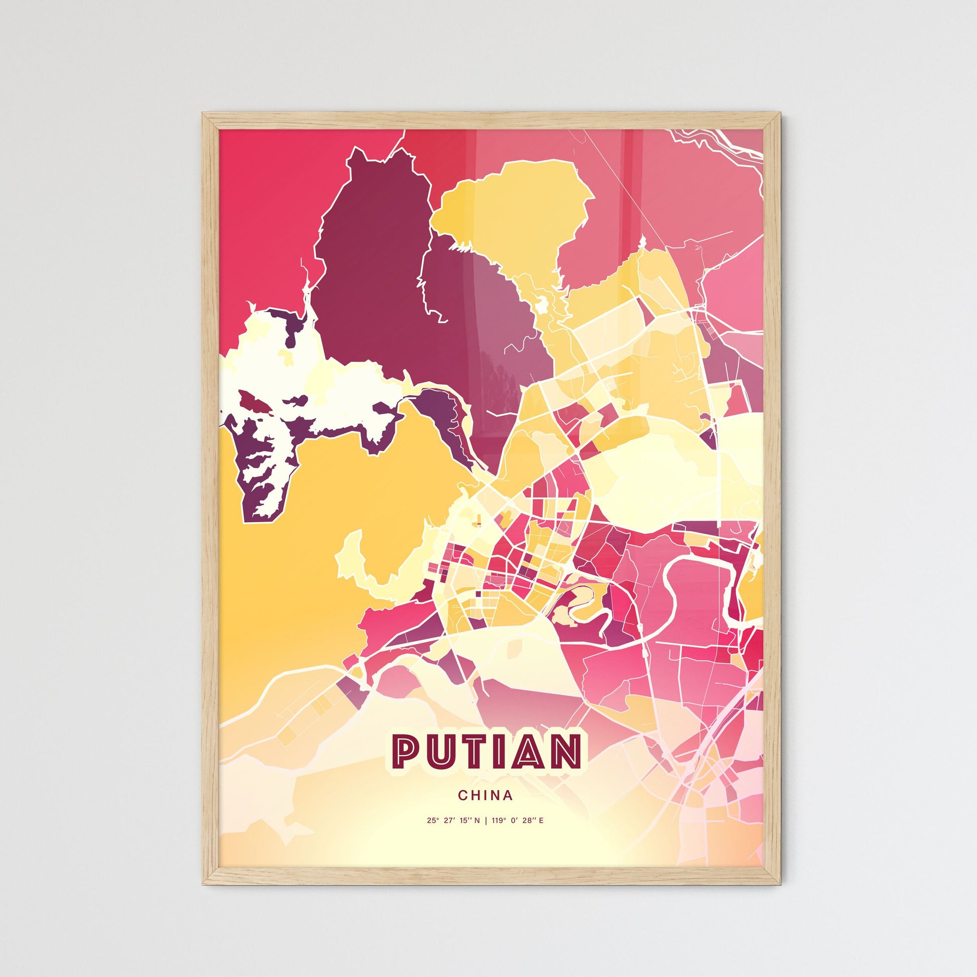 Colorful PUTIAN CHINA Fine Art Map Hot Red