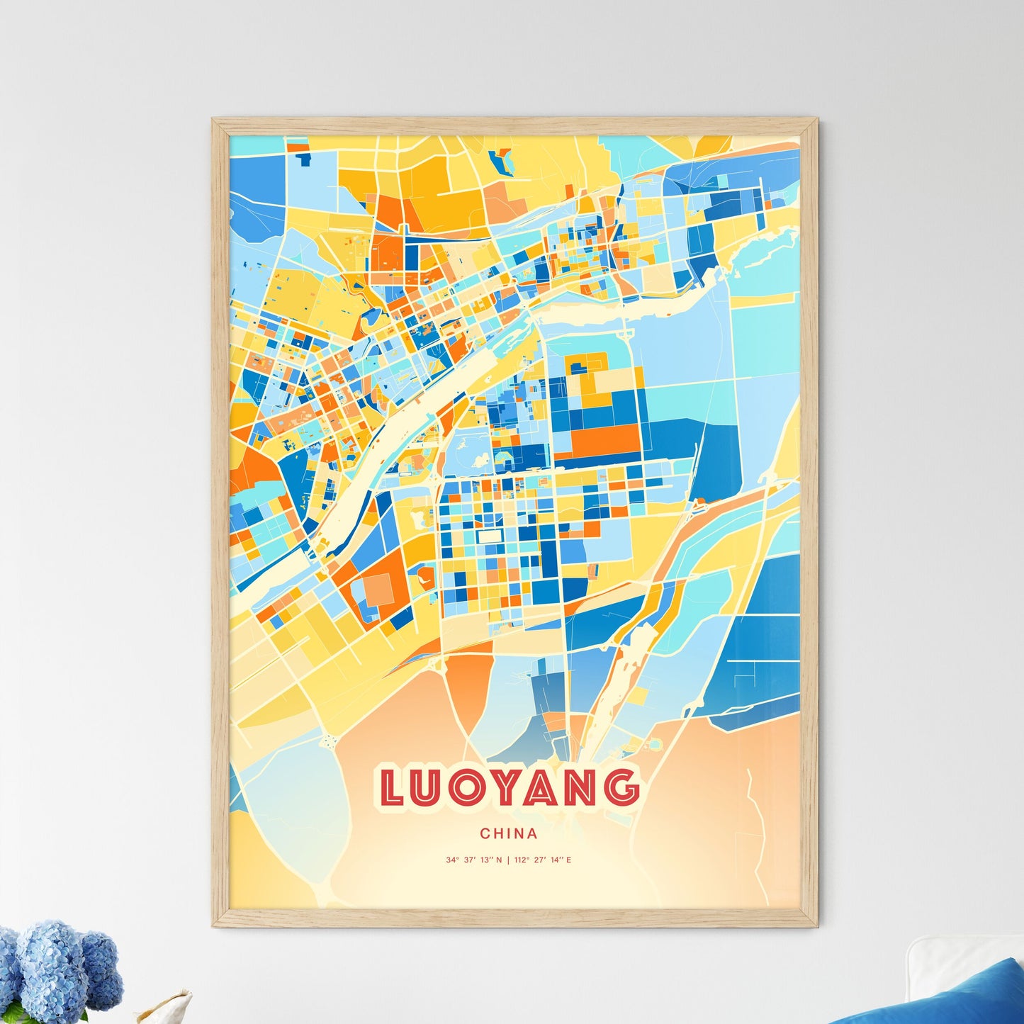 Colorful LUOYANG CHINA Fine Art Map Blue Orange