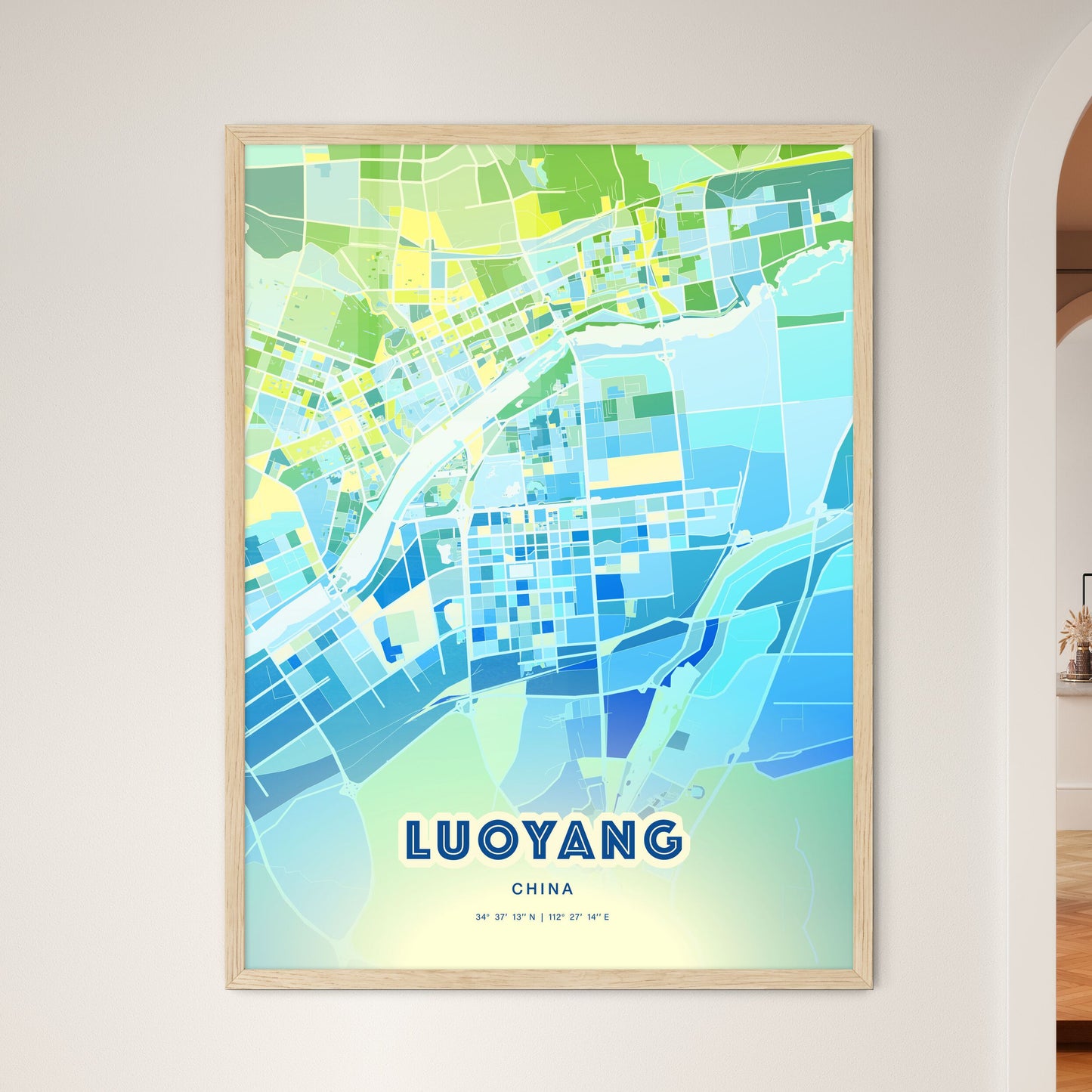 Colorful LUOYANG CHINA Fine Art Map Cool Blue