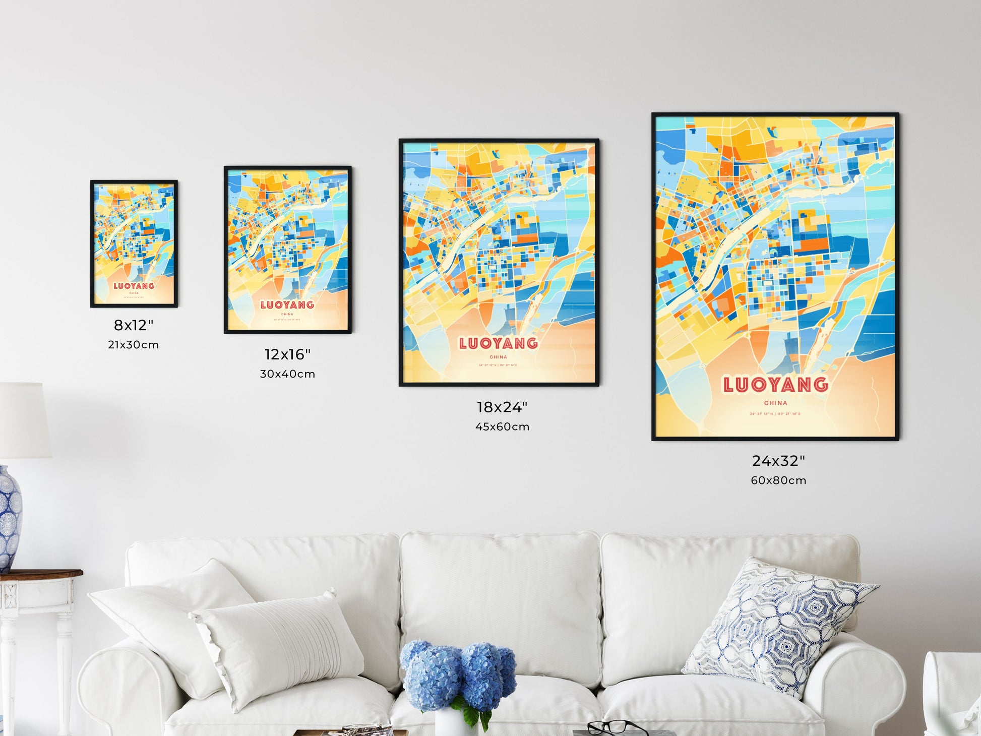 Colorful LUOYANG CHINA Fine Art Map Blue Orange