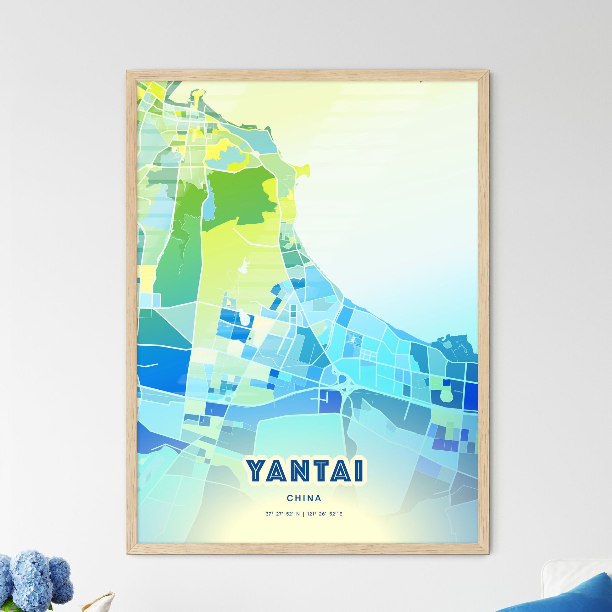 Colorful YANTAI CHINA Fine Art Map Cool Blue