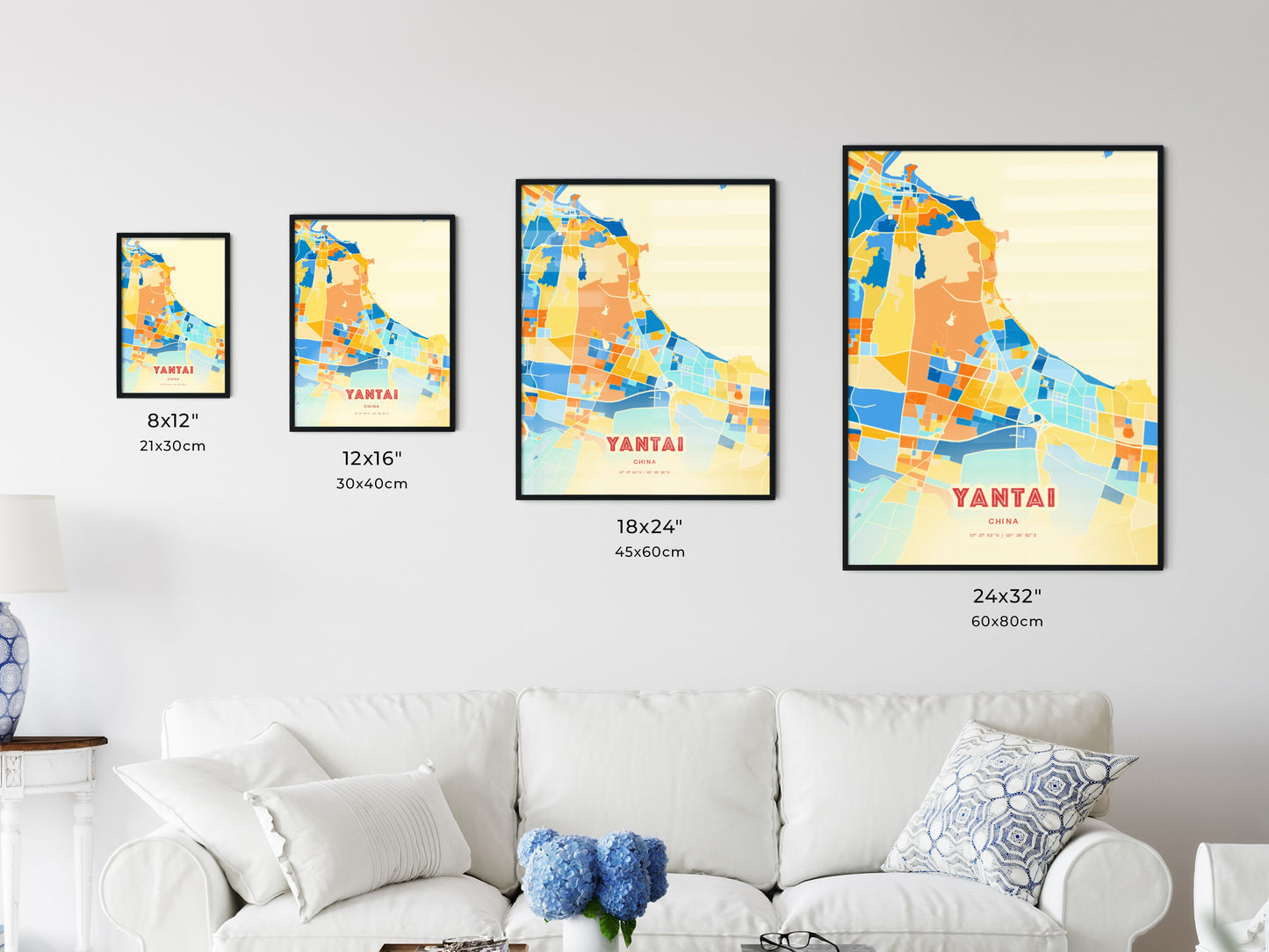 Colorful YANTAI CHINA Fine Art Map Blue Orange