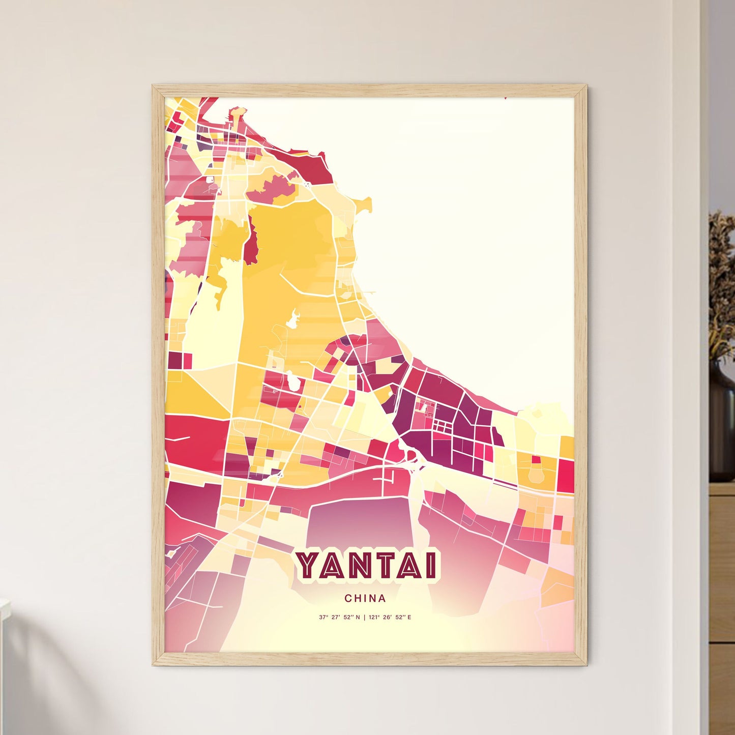 Colorful YANTAI CHINA Fine Art Map Hot Red