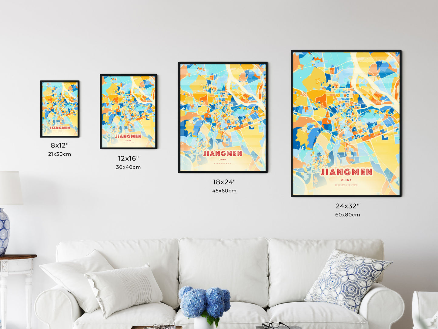 Colorful JIANGMEN CHINA Fine Art Map Blue Orange