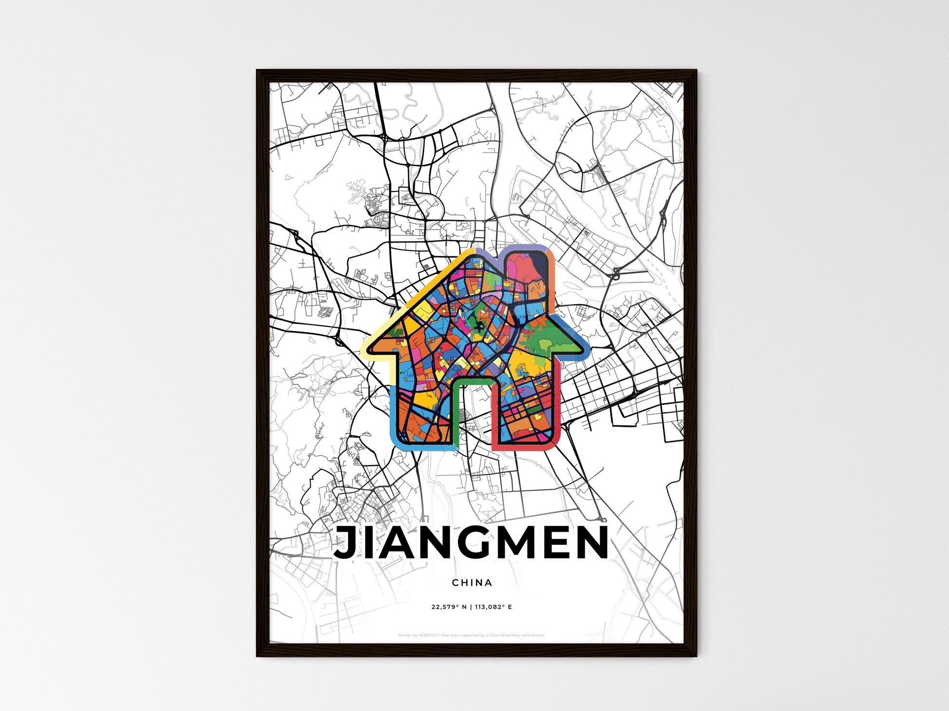 JIANGMEN CHINA minimal art map with a colorful icon. Where it all began, Couple map gift. Style 3