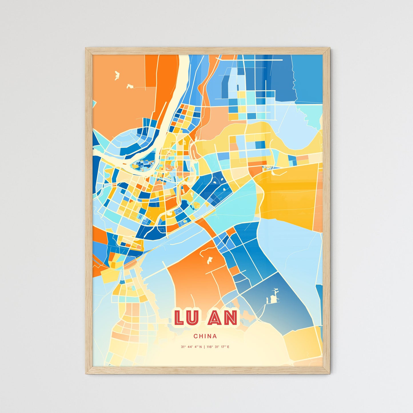 Colorful LU AN CHINA Fine Art Map Blue Orange