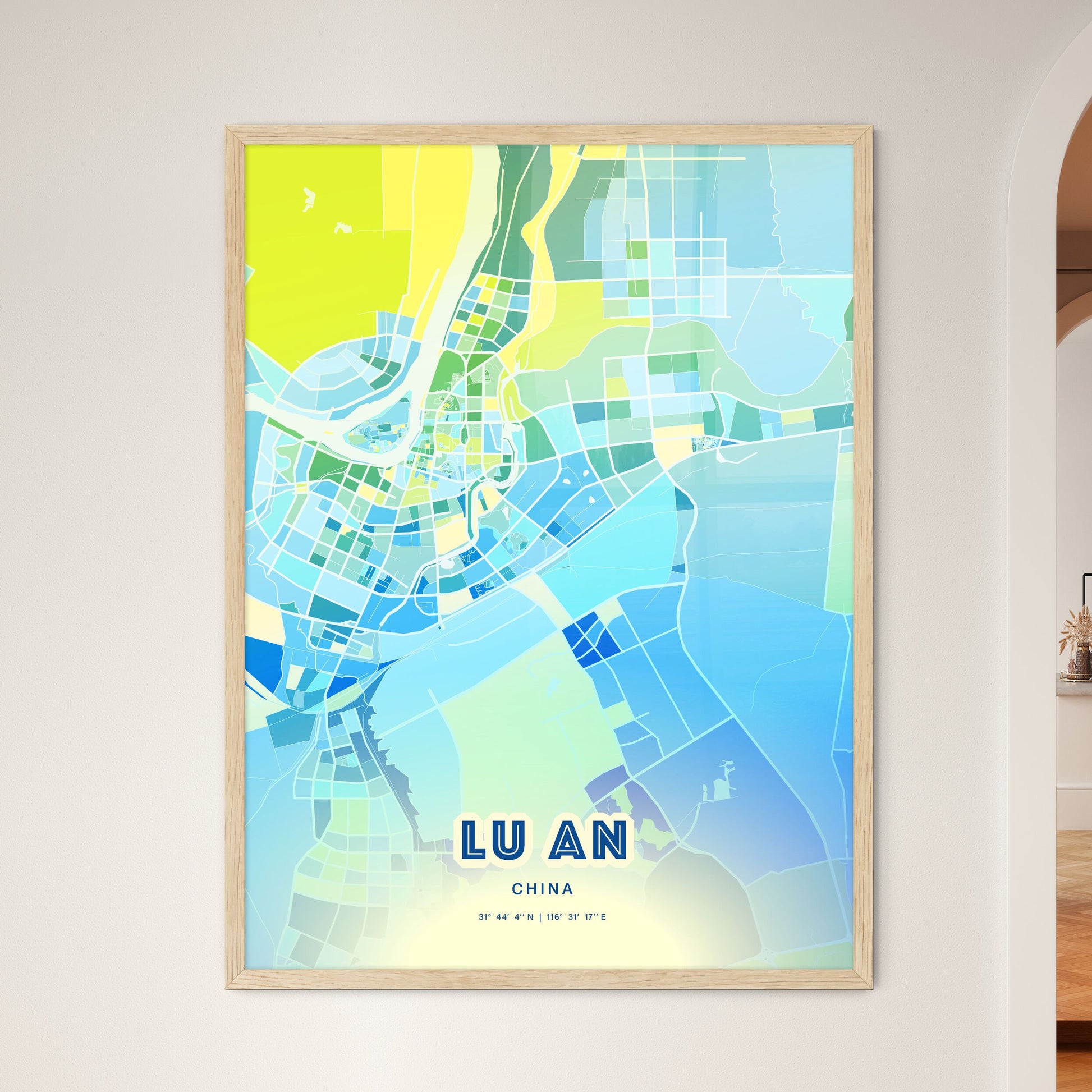 Colorful LU AN CHINA Fine Art Map Cool Blue