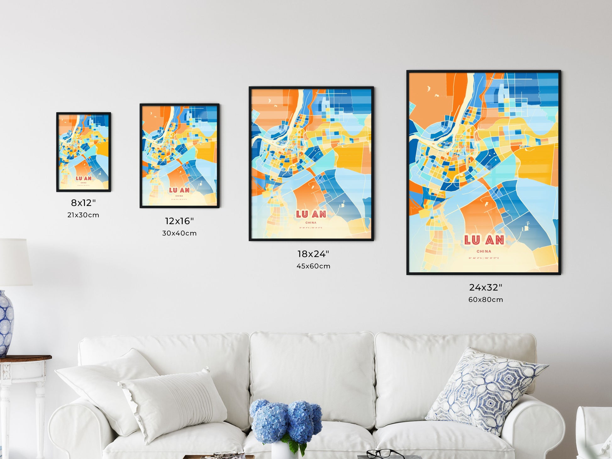 Colorful LU AN CHINA Fine Art Map Blue Orange