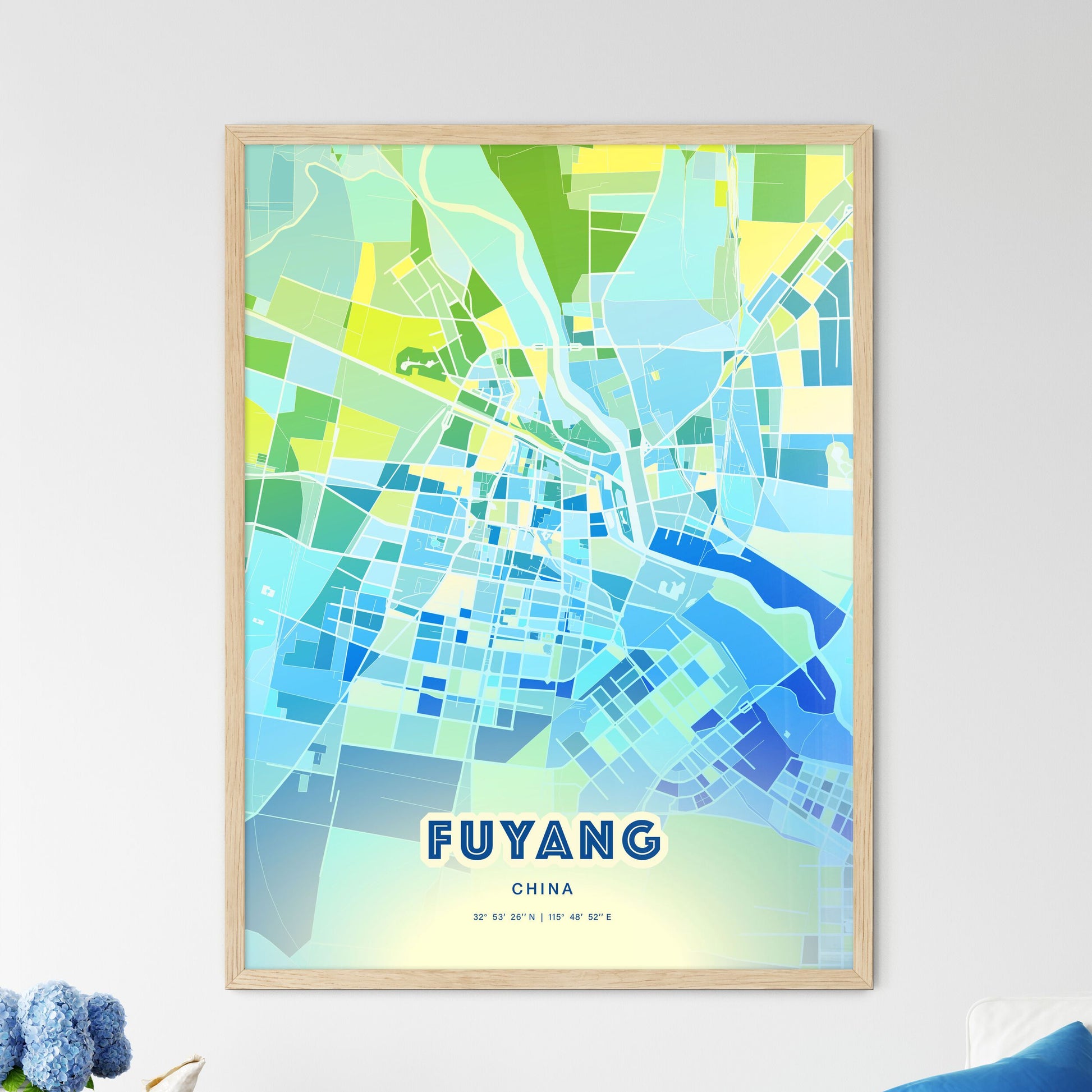 Colorful FUYANG CHINA Fine Art Map Cool Blue