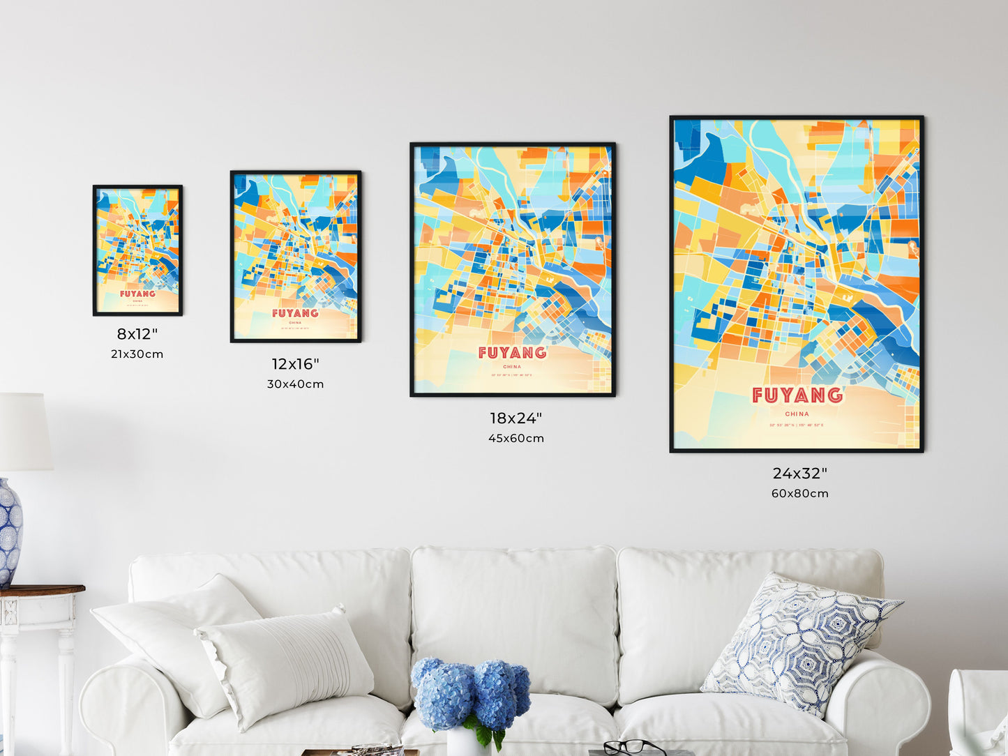 Colorful FUYANG CHINA Fine Art Map Blue Orange