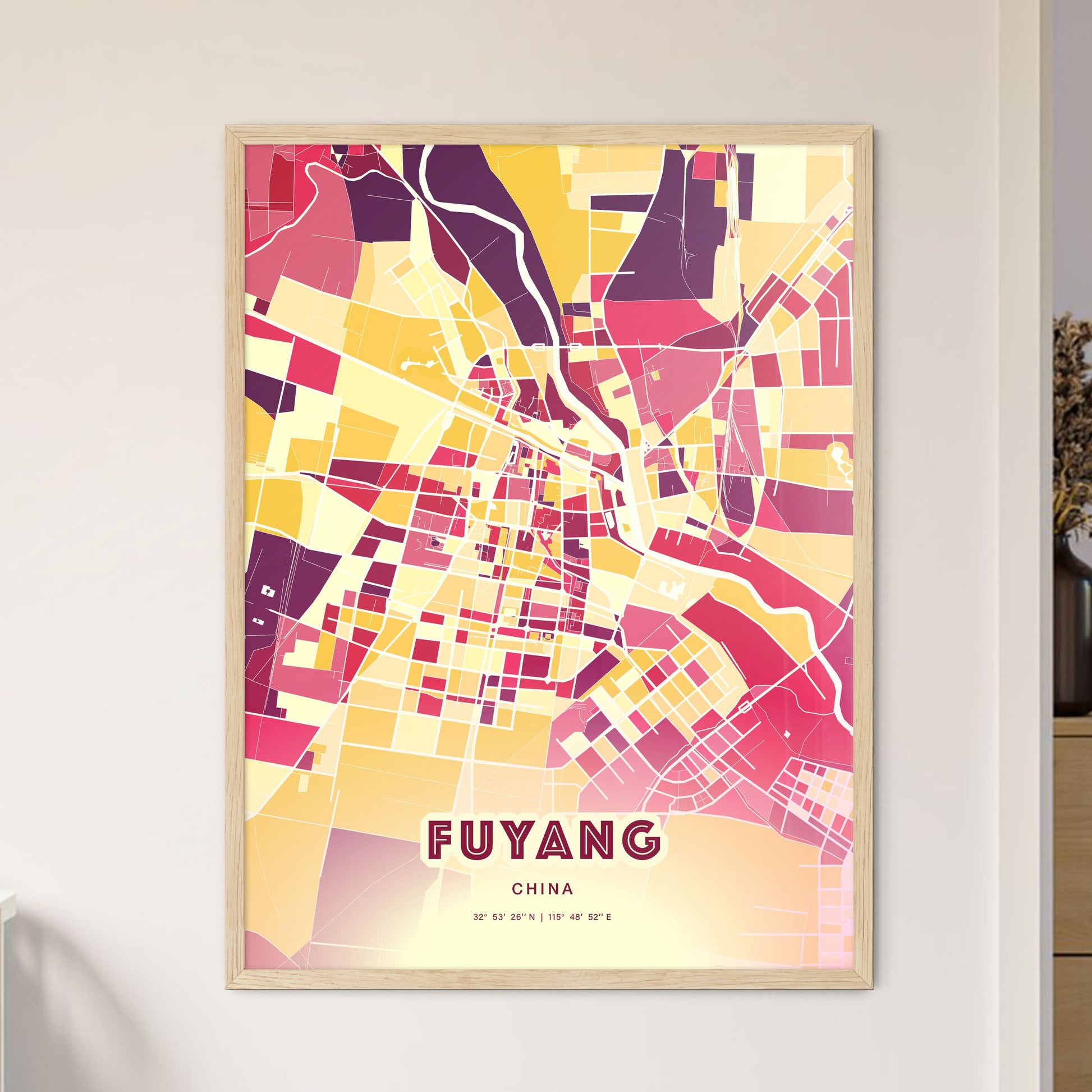 Colorful FUYANG CHINA Fine Art Map Hot Red