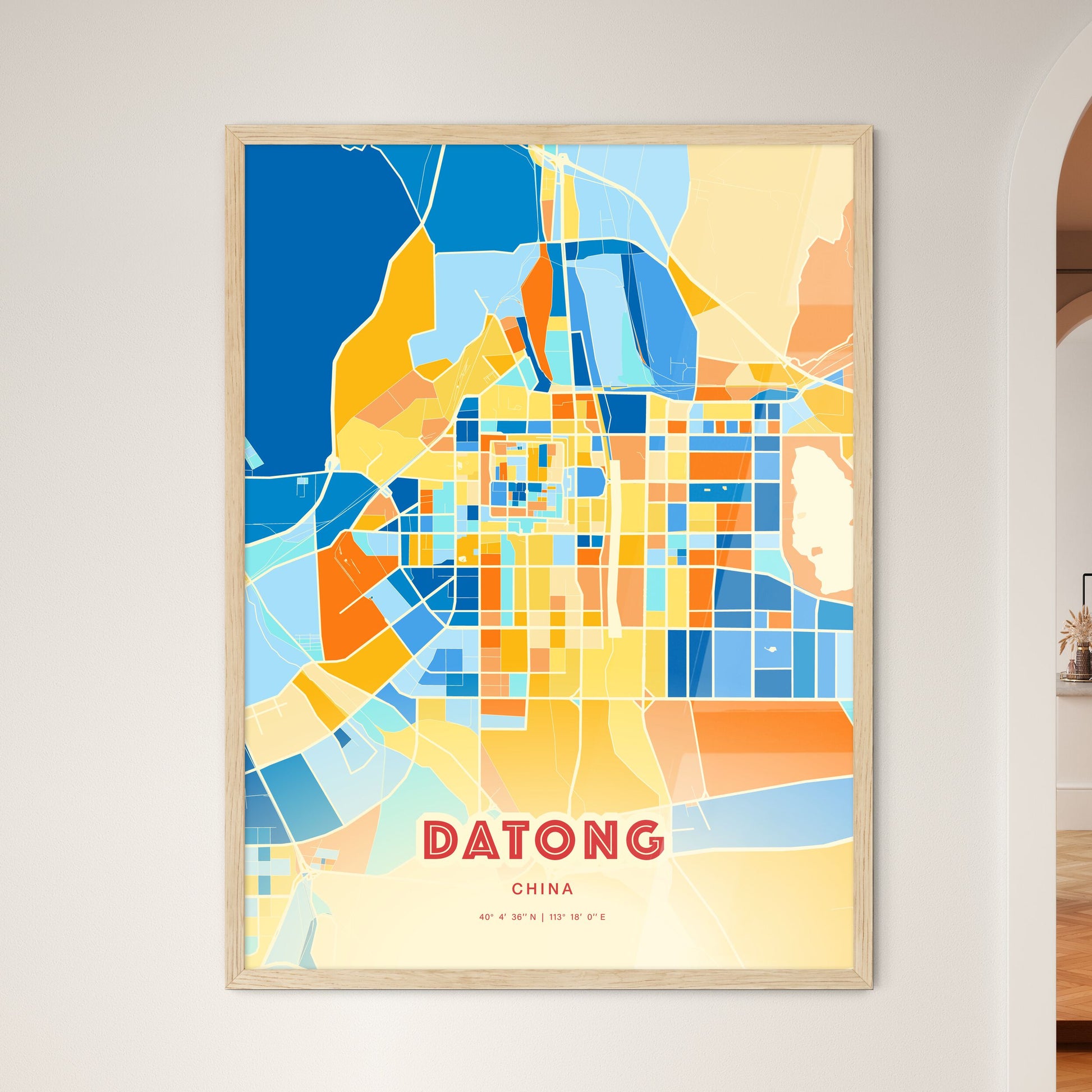 Colorful DATONG CHINA Fine Art Map Blue Orange