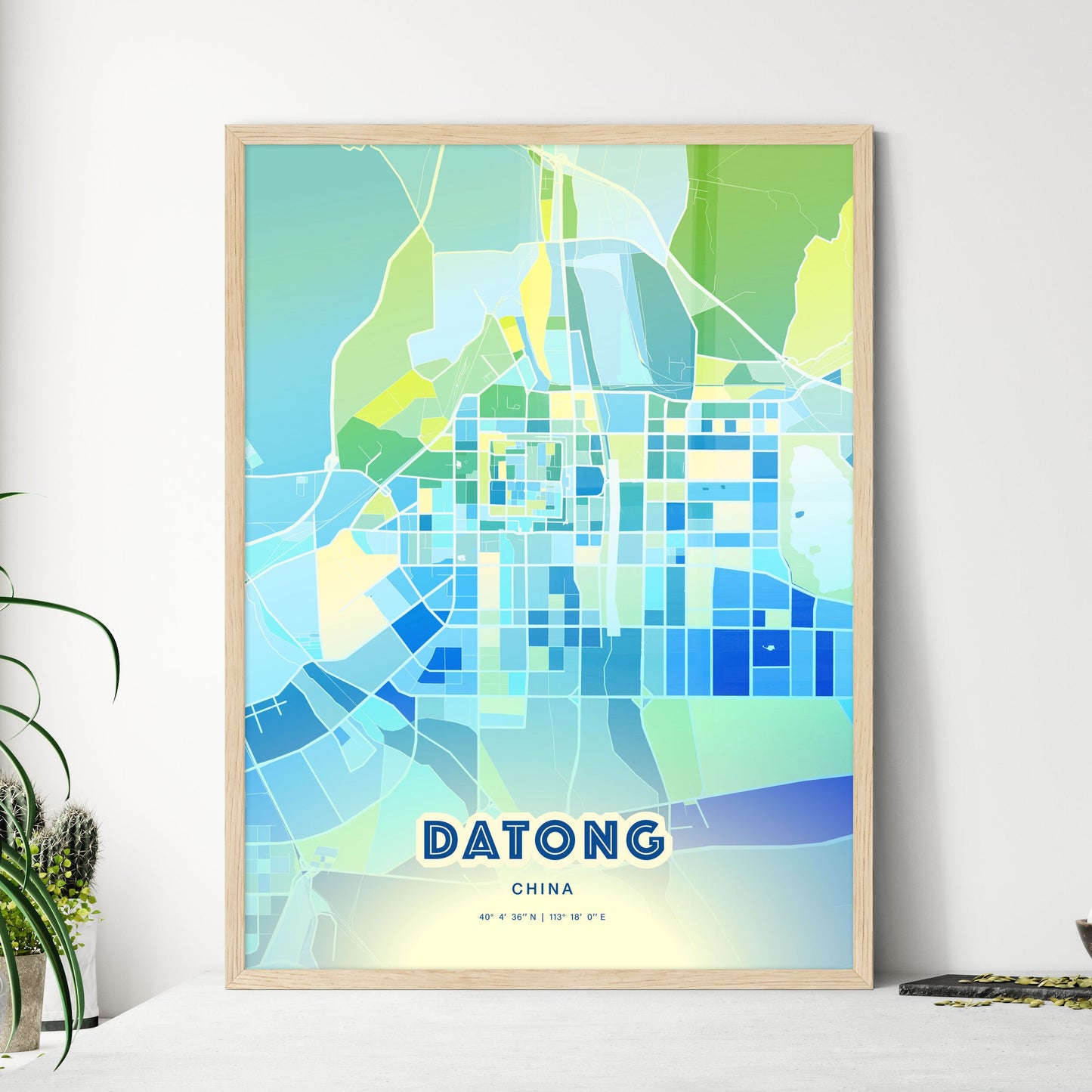 Colorful DATONG CHINA Fine Art Map Cool Blue