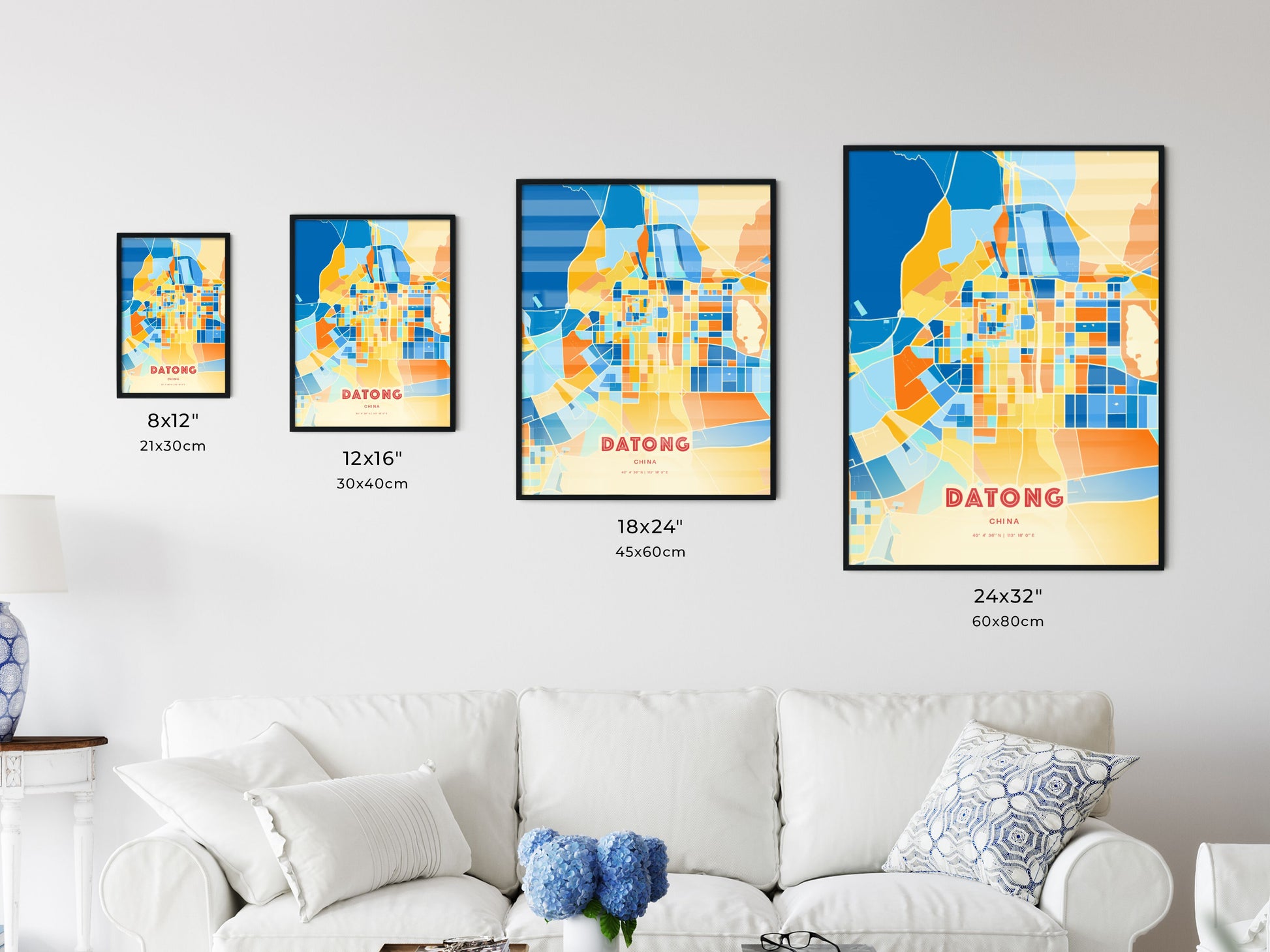 Colorful DATONG CHINA Fine Art Map Blue Orange