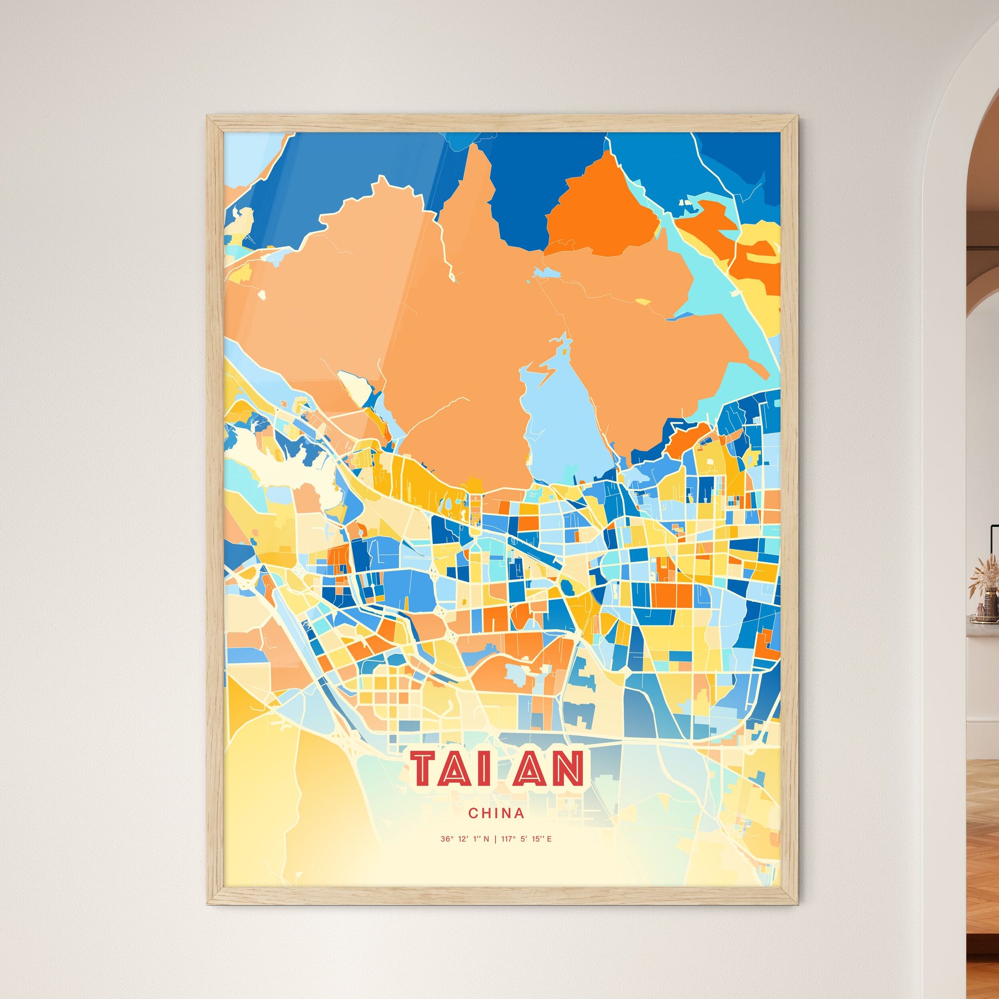 Colorful TAI AN CHINA Fine Art Map Blue Orange