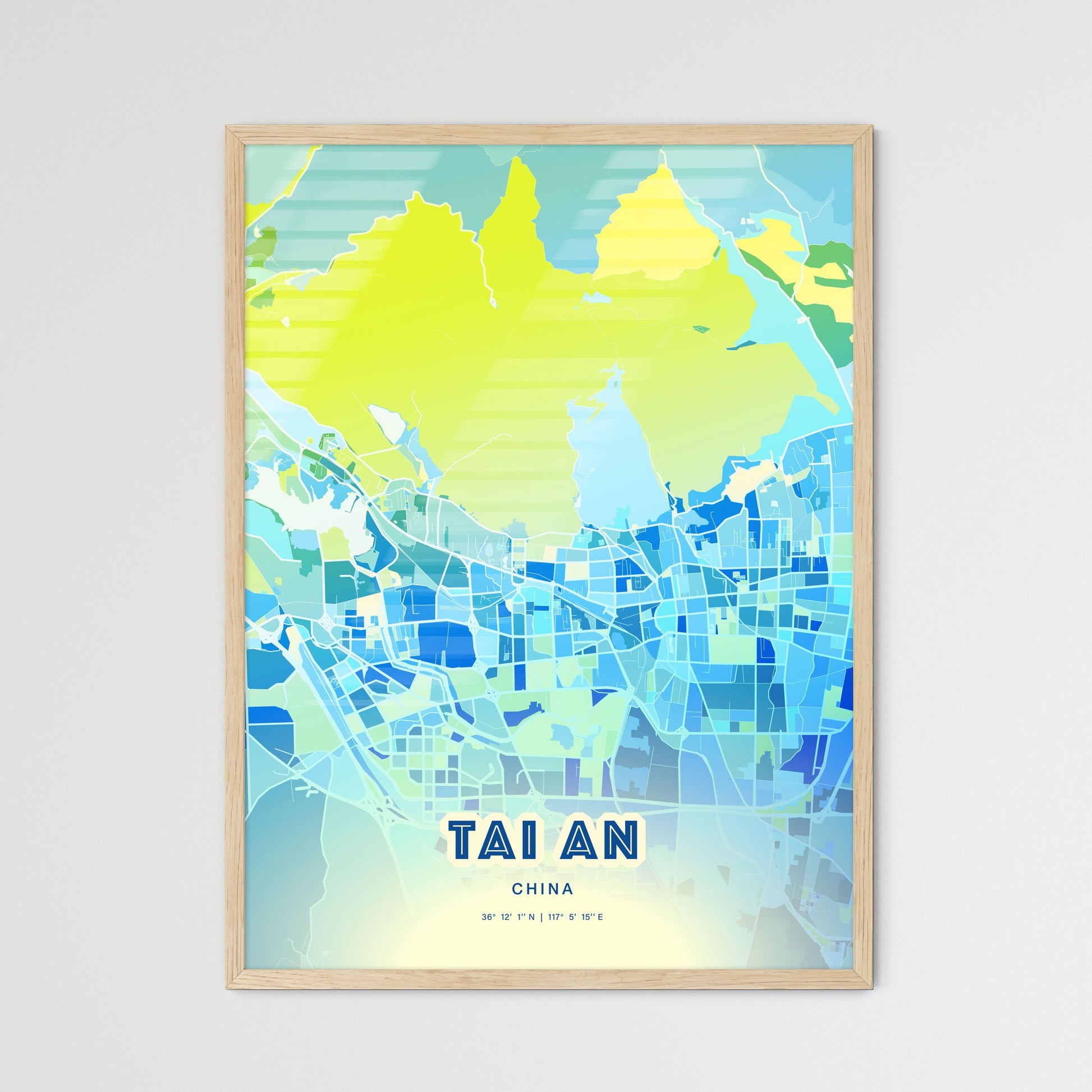 Colorful TAI AN CHINA Fine Art Map Cool Blue