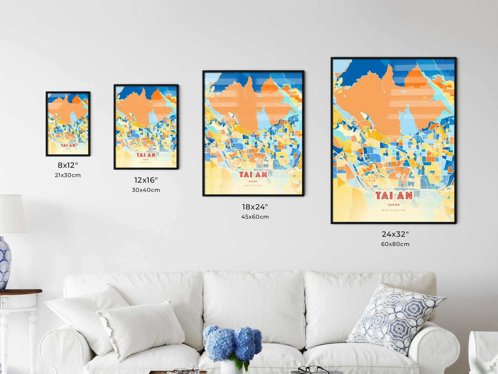 Colorful TAI AN CHINA Fine Art Map Blue Orange