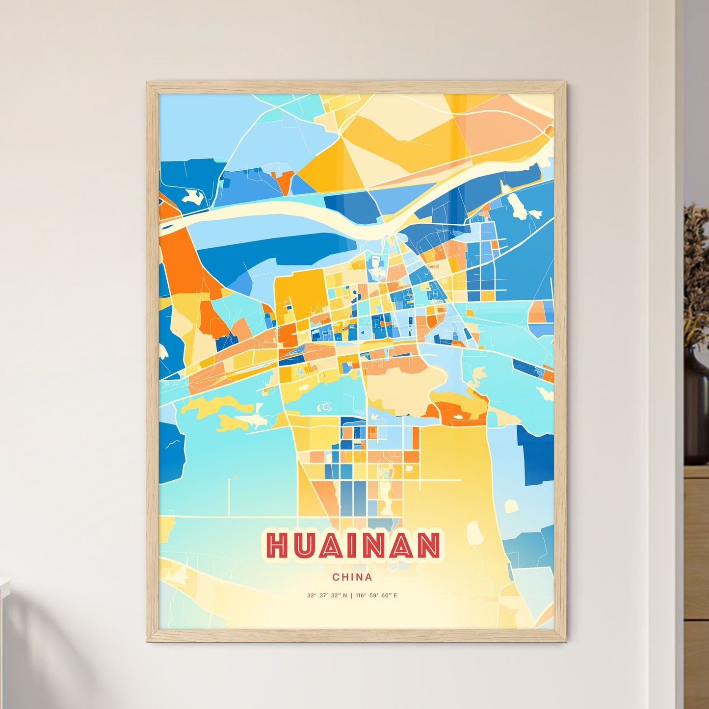 Colorful HUAINAN CHINA Fine Art Map Blue Orange