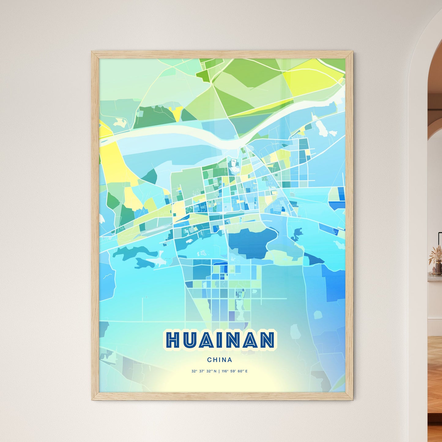 Colorful HUAINAN CHINA Fine Art Map Cool Blue