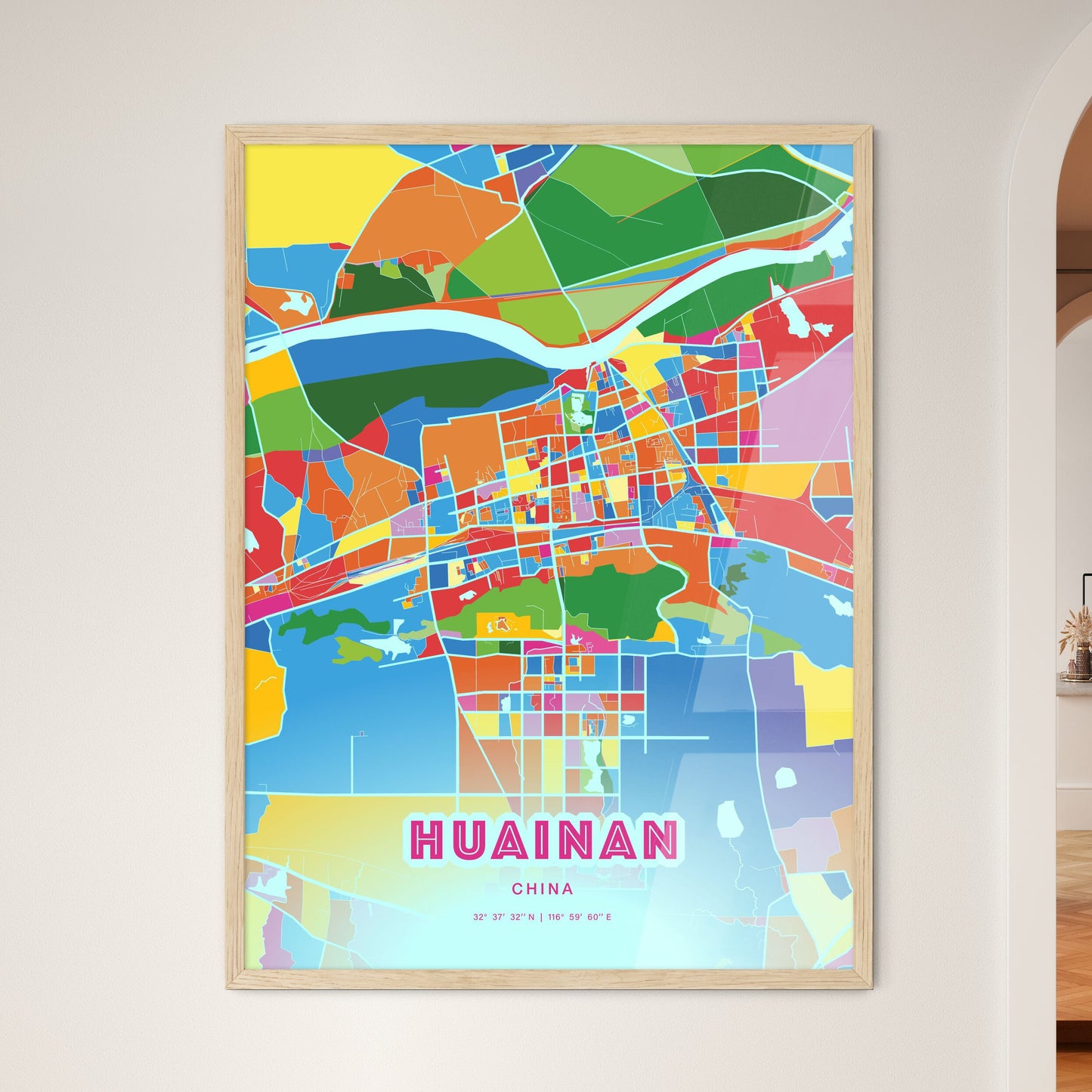 Colorful HUAINAN CHINA Fine Art Map Crazy Colors