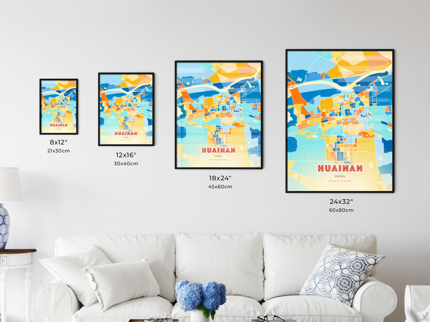 Colorful HUAINAN CHINA Fine Art Map Blue Orange