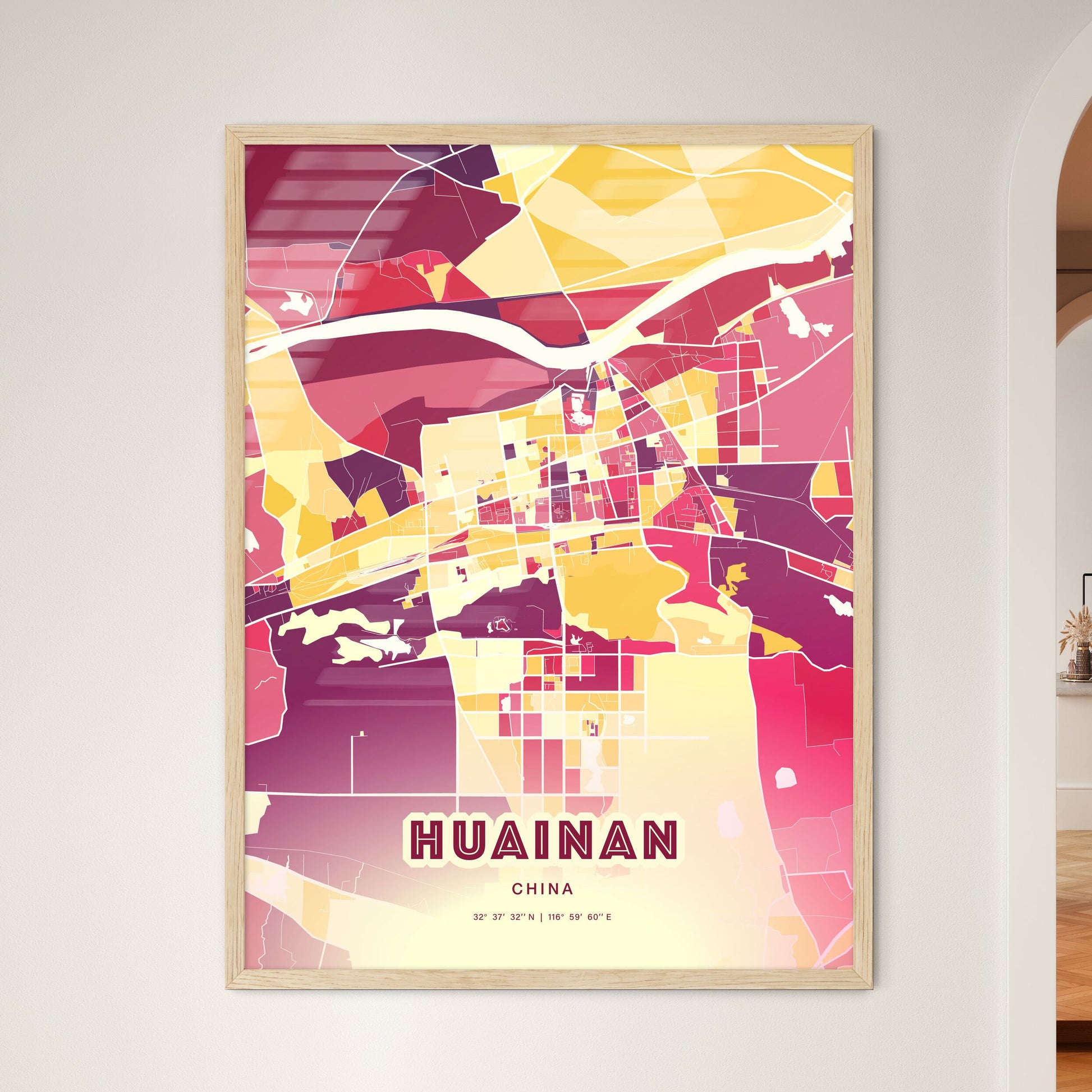 Colorful HUAINAN CHINA Fine Art Map Hot Red