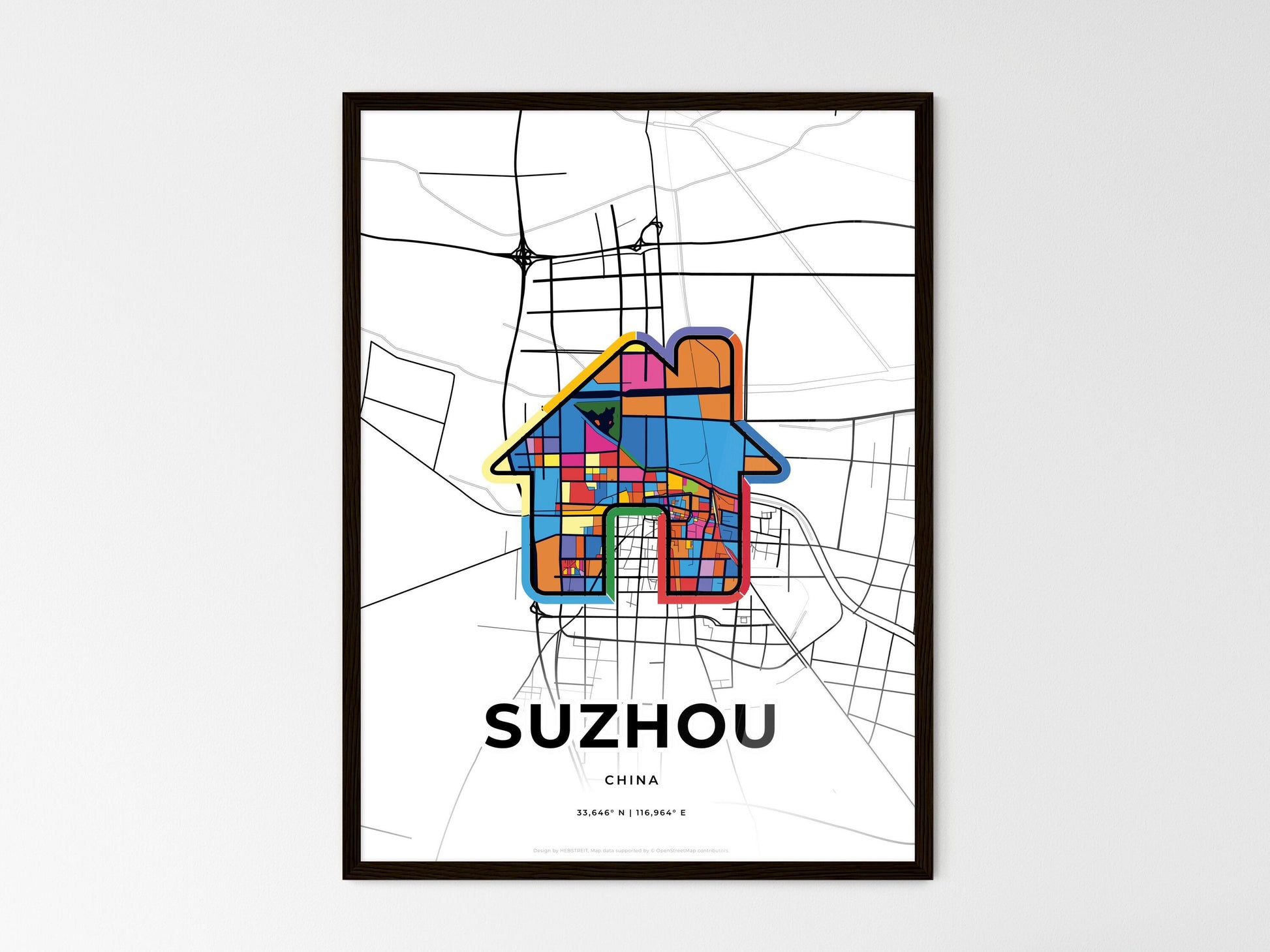 SUZHOU CHINA minimal art map with a colorful icon. Where it all began, Couple map gift. Style 3