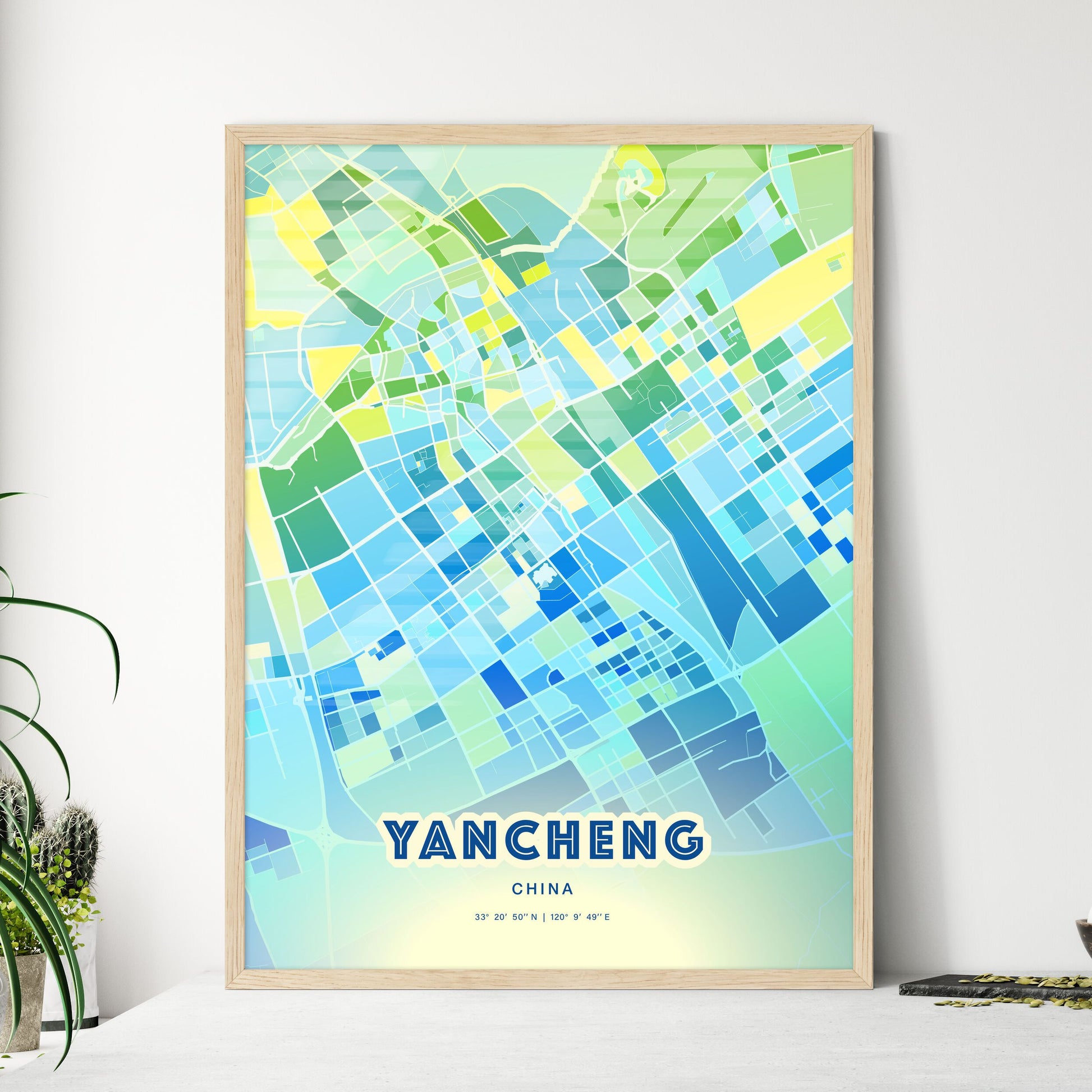 Colorful YANCHENG CHINA Fine Art Map Cool Blue