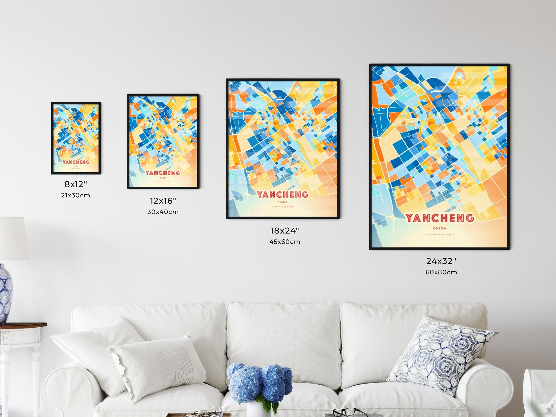 Colorful YANCHENG CHINA Fine Art Map Blue Orange