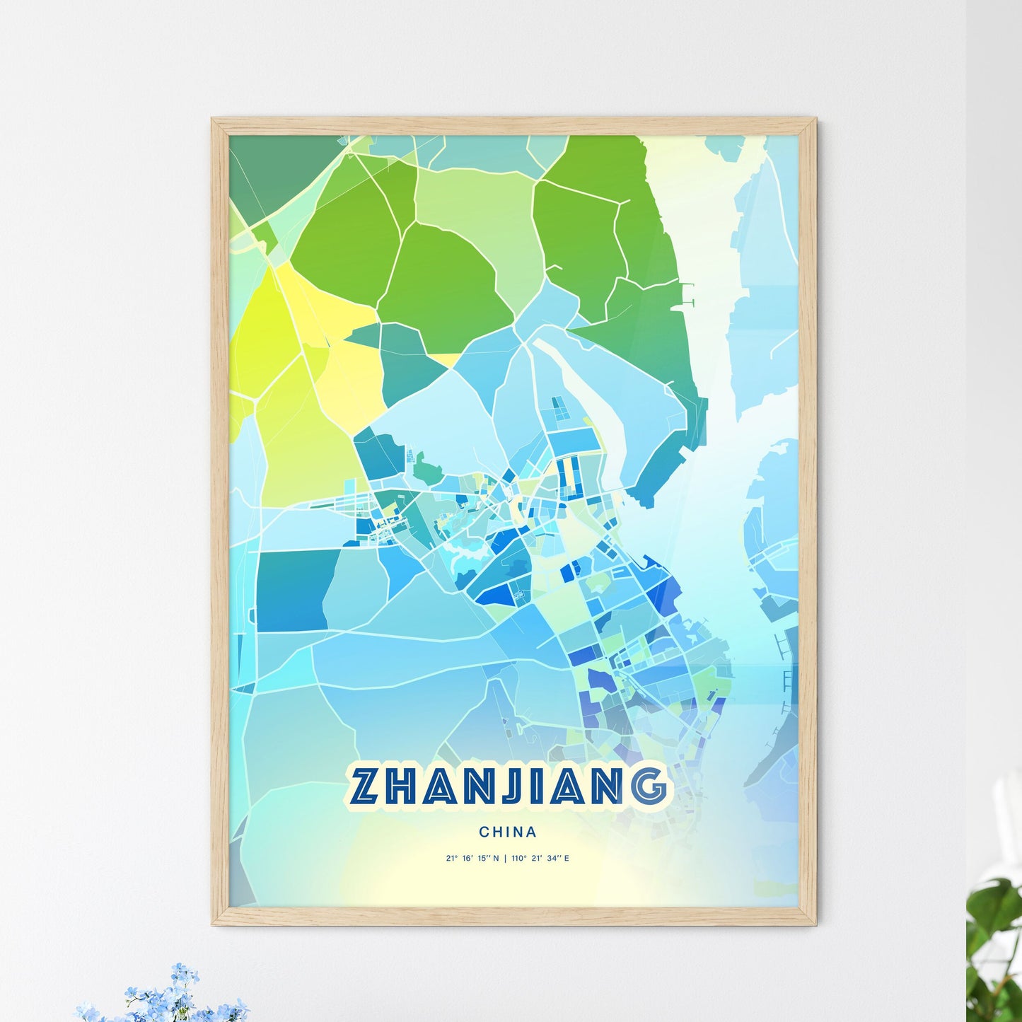 Colorful ZHANJIANG CHINA Fine Art Map Cool Blue