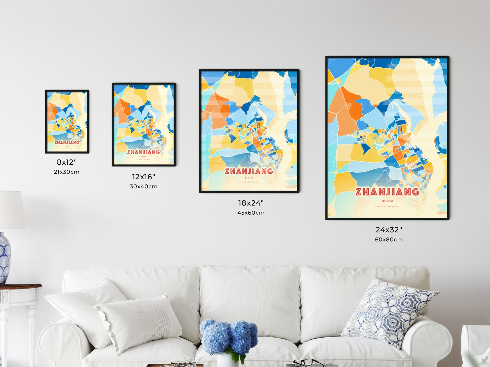 Colorful ZHANJIANG CHINA Fine Art Map Blue Orange