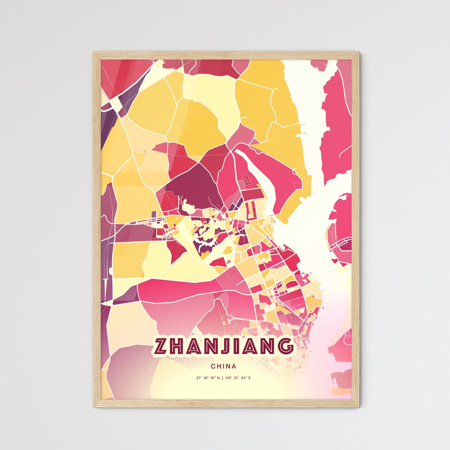 Colorful ZHANJIANG CHINA Fine Art Map Hot Red