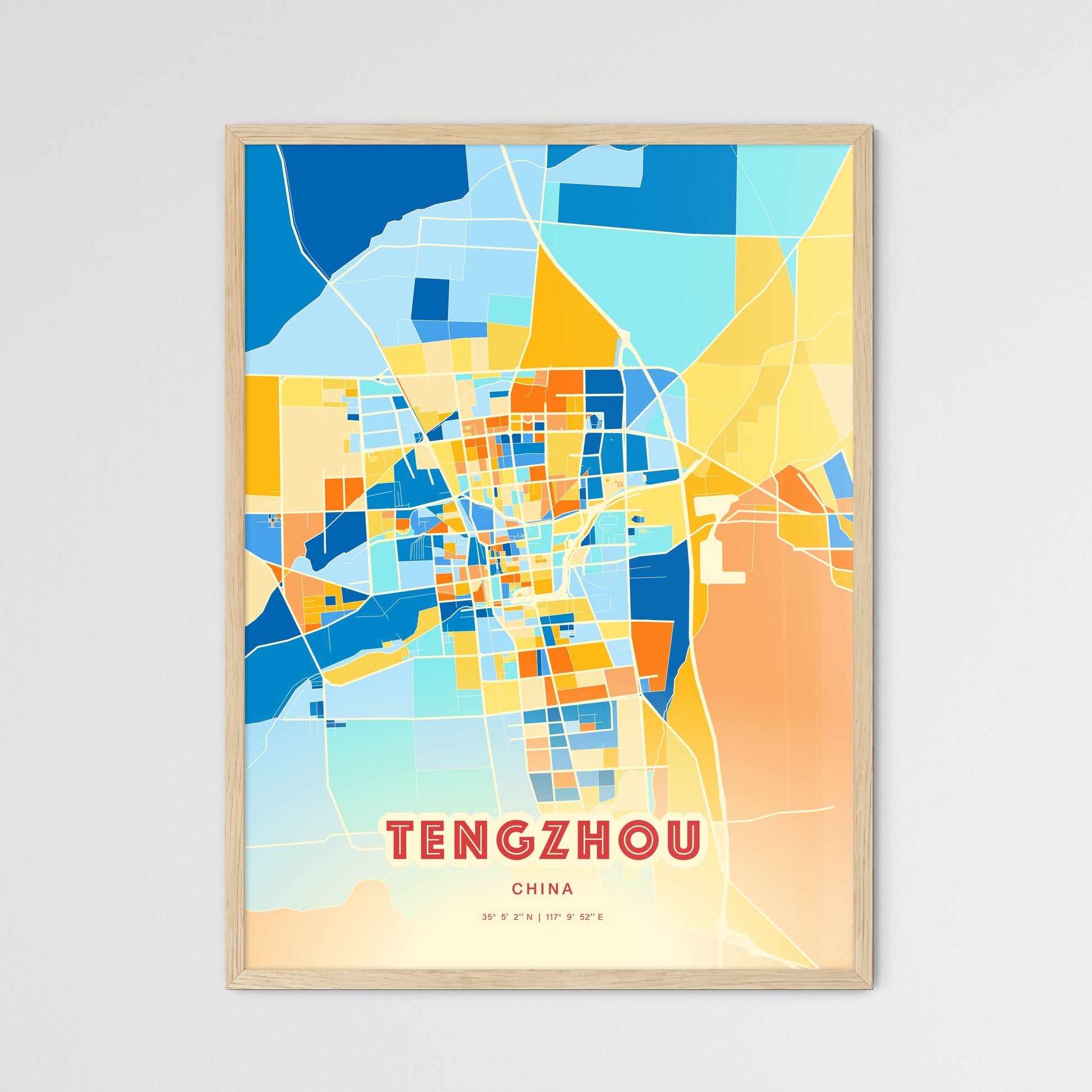 Colorful TENGZHOU CHINA Fine Art Map Blue Orange