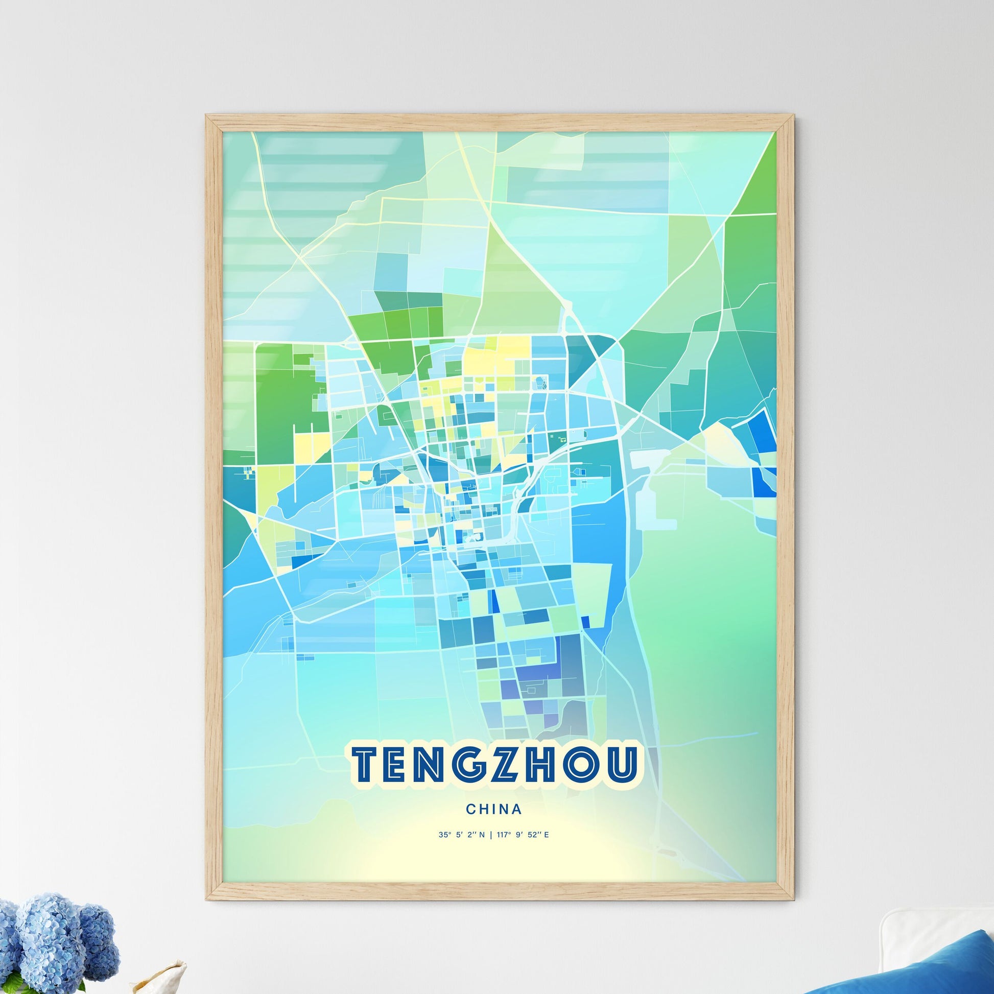 Colorful TENGZHOU CHINA Fine Art Map Cool Blue