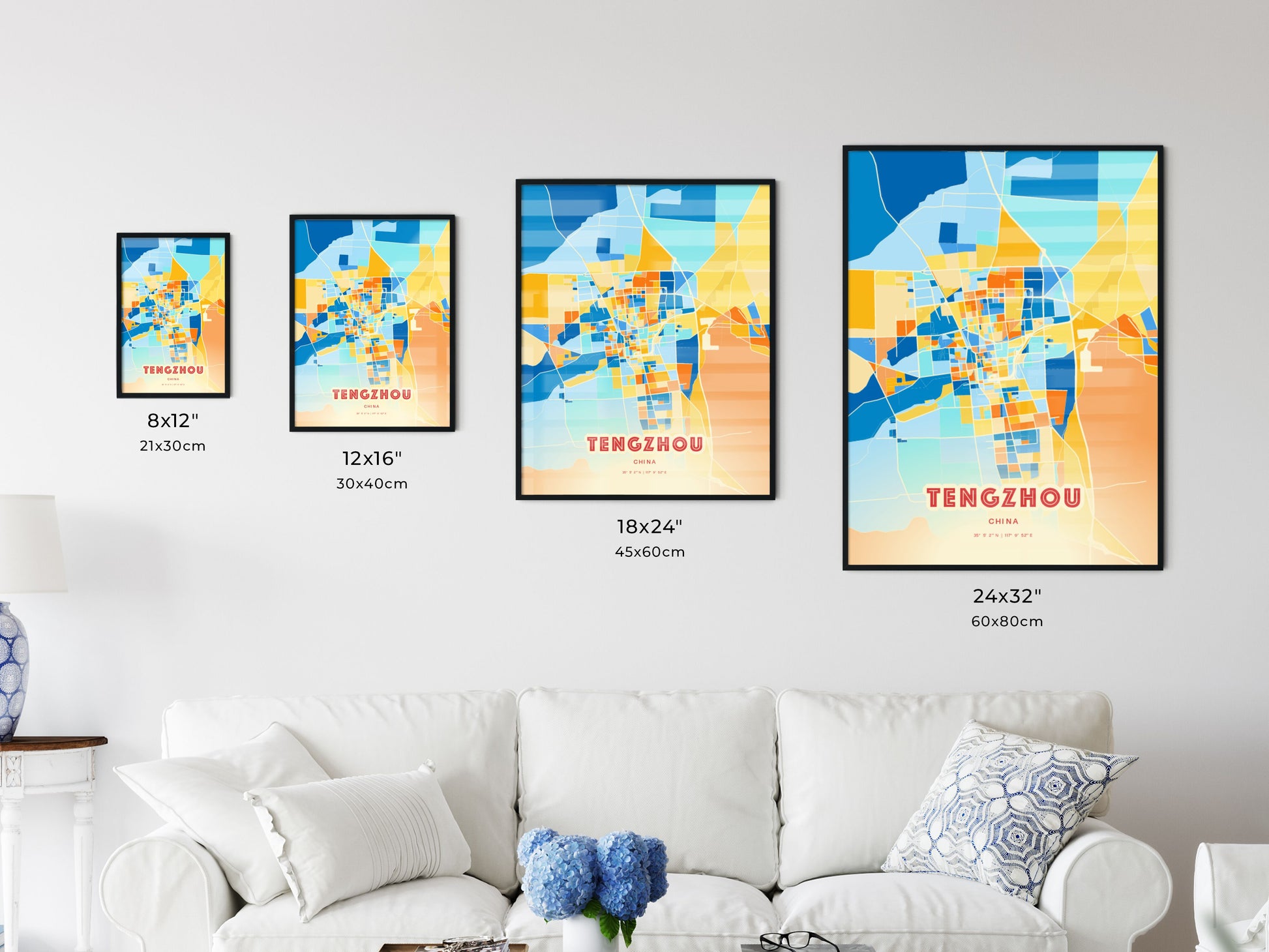 Colorful TENGZHOU CHINA Fine Art Map Blue Orange