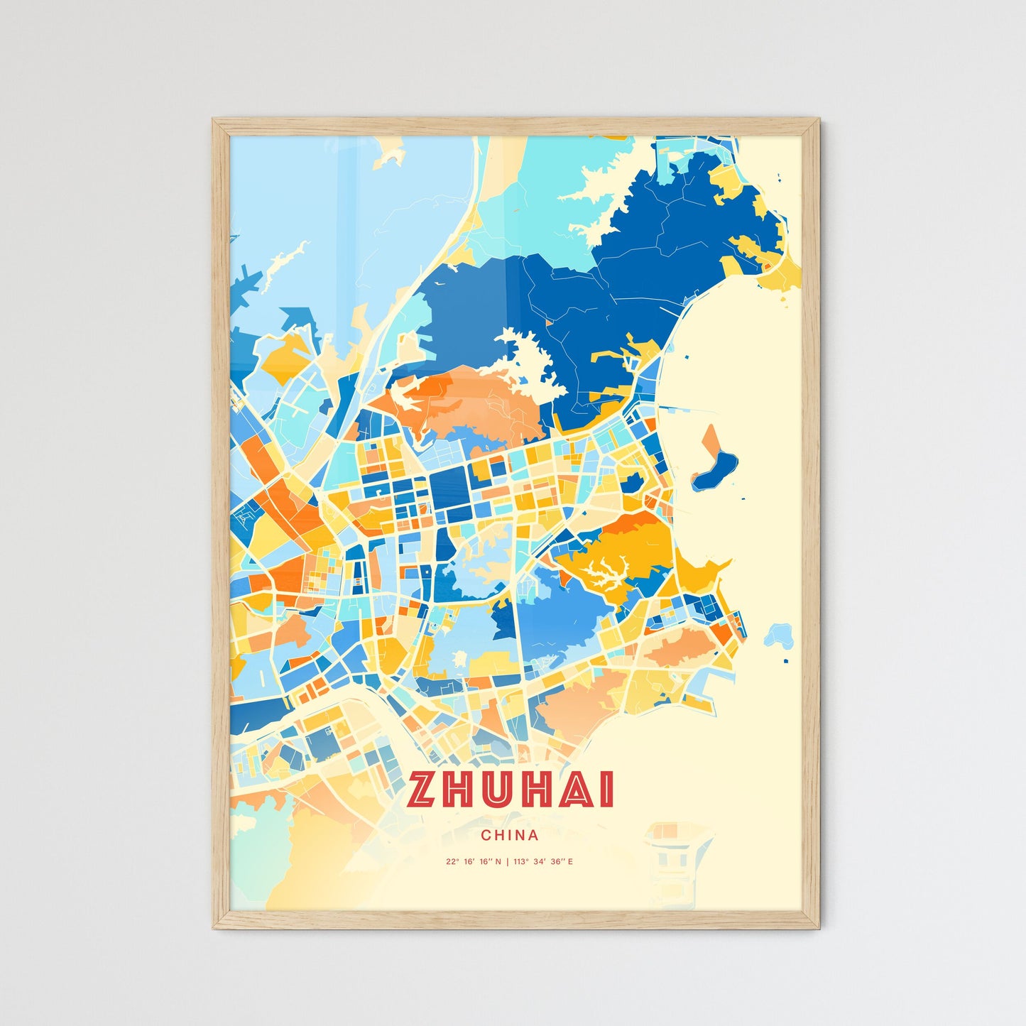 Colorful ZHUHAI CHINA Fine Art Map Blue Orange