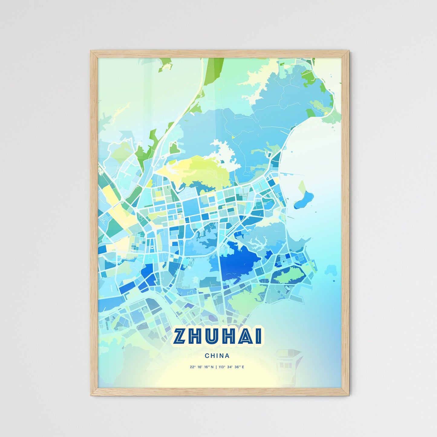 Colorful ZHUHAI CHINA Fine Art Map Cool Blue