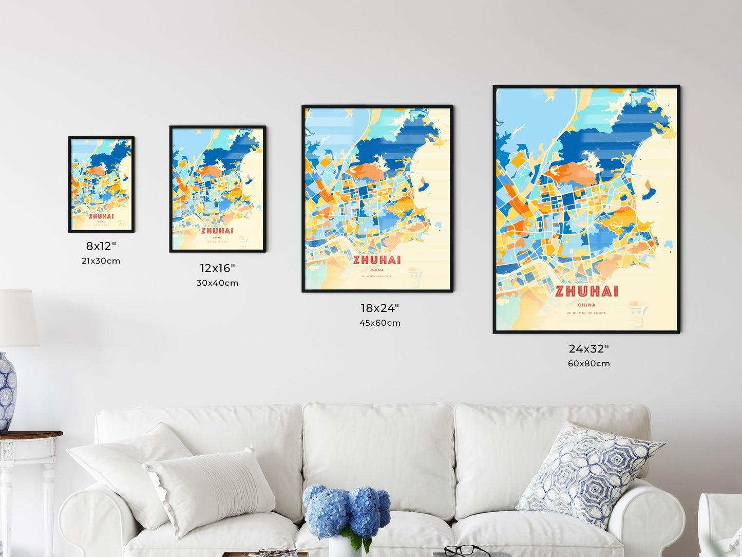 Colorful ZHUHAI CHINA Fine Art Map Blue Orange