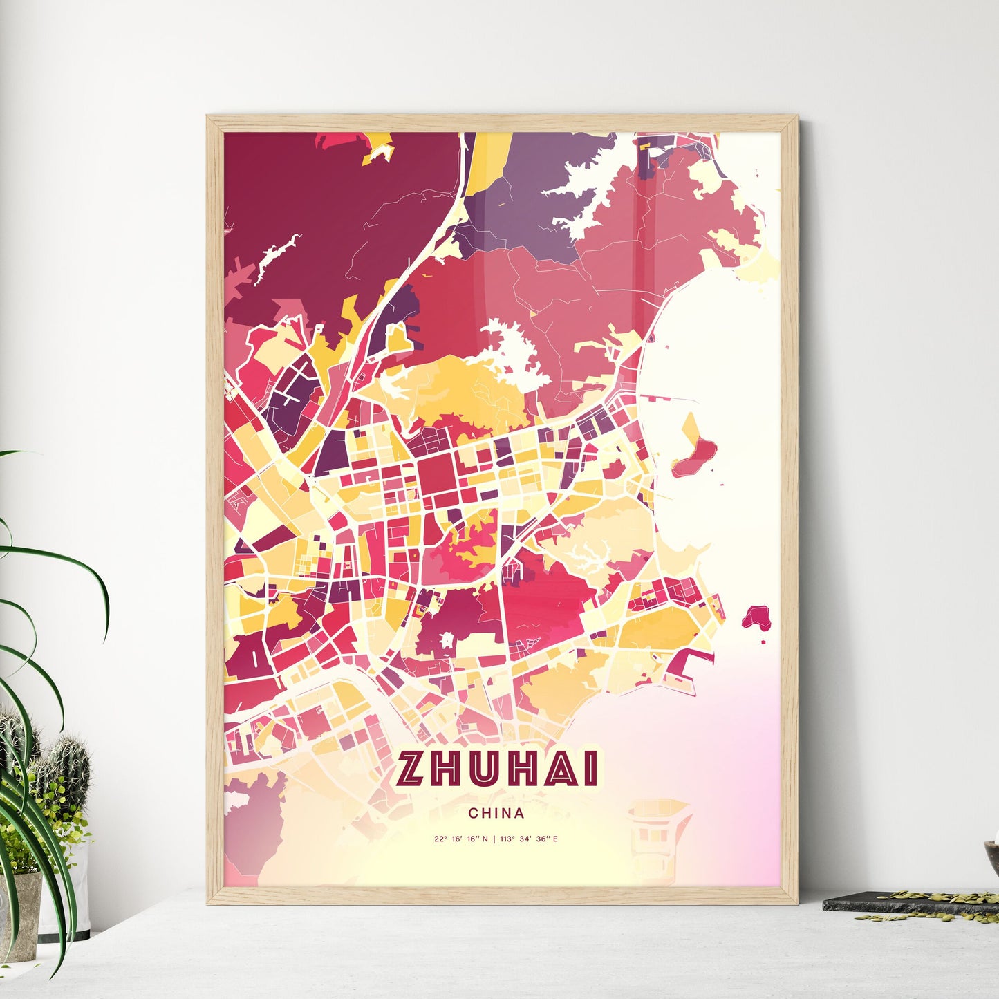 Colorful ZHUHAI CHINA Fine Art Map Hot Red