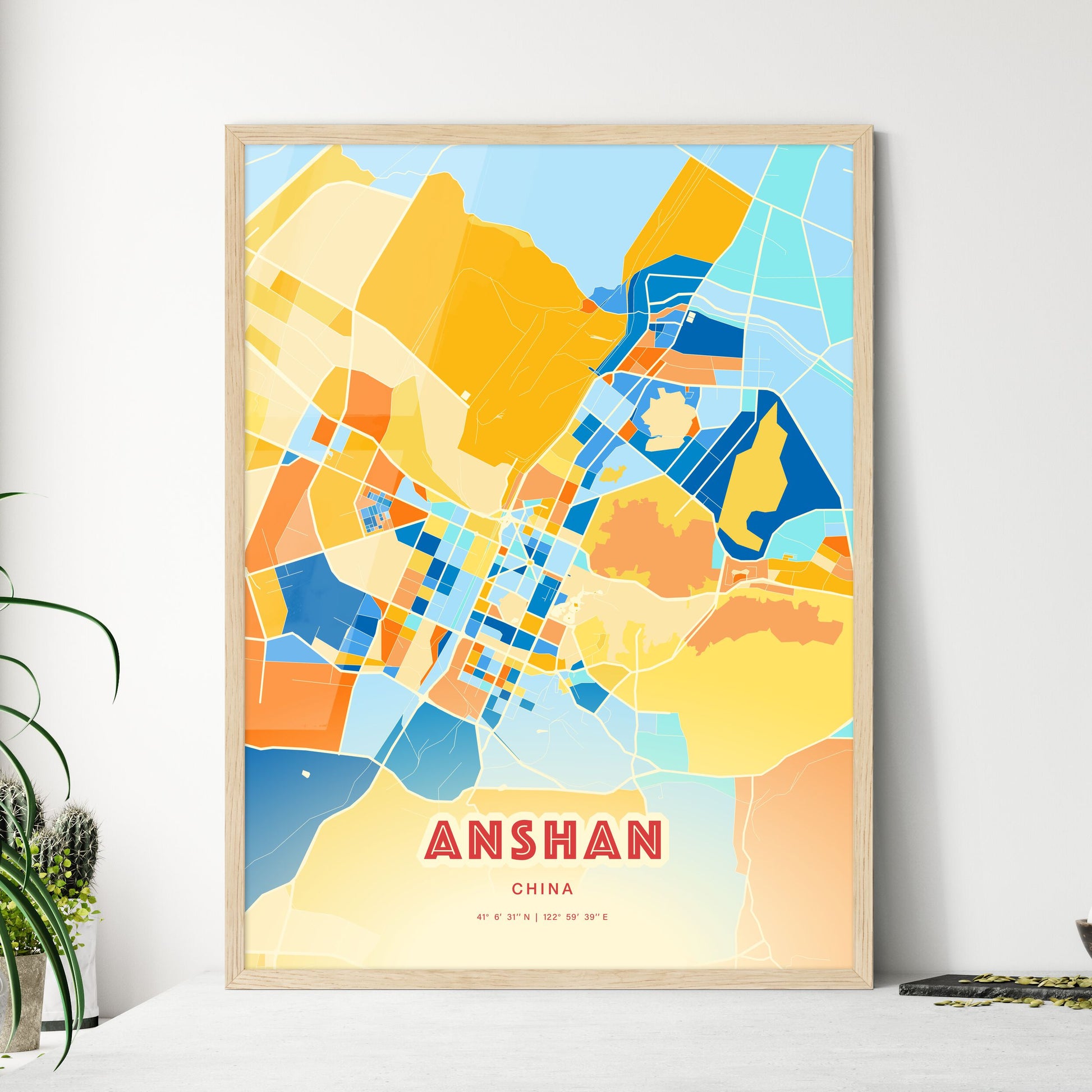 Colorful ANSHAN CHINA Fine Art Map Blue Orange