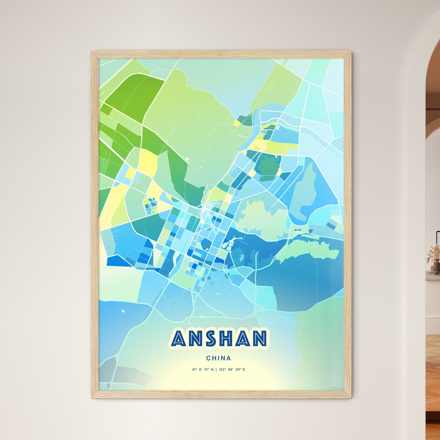 Colorful ANSHAN CHINA Fine Art Map Cool Blue