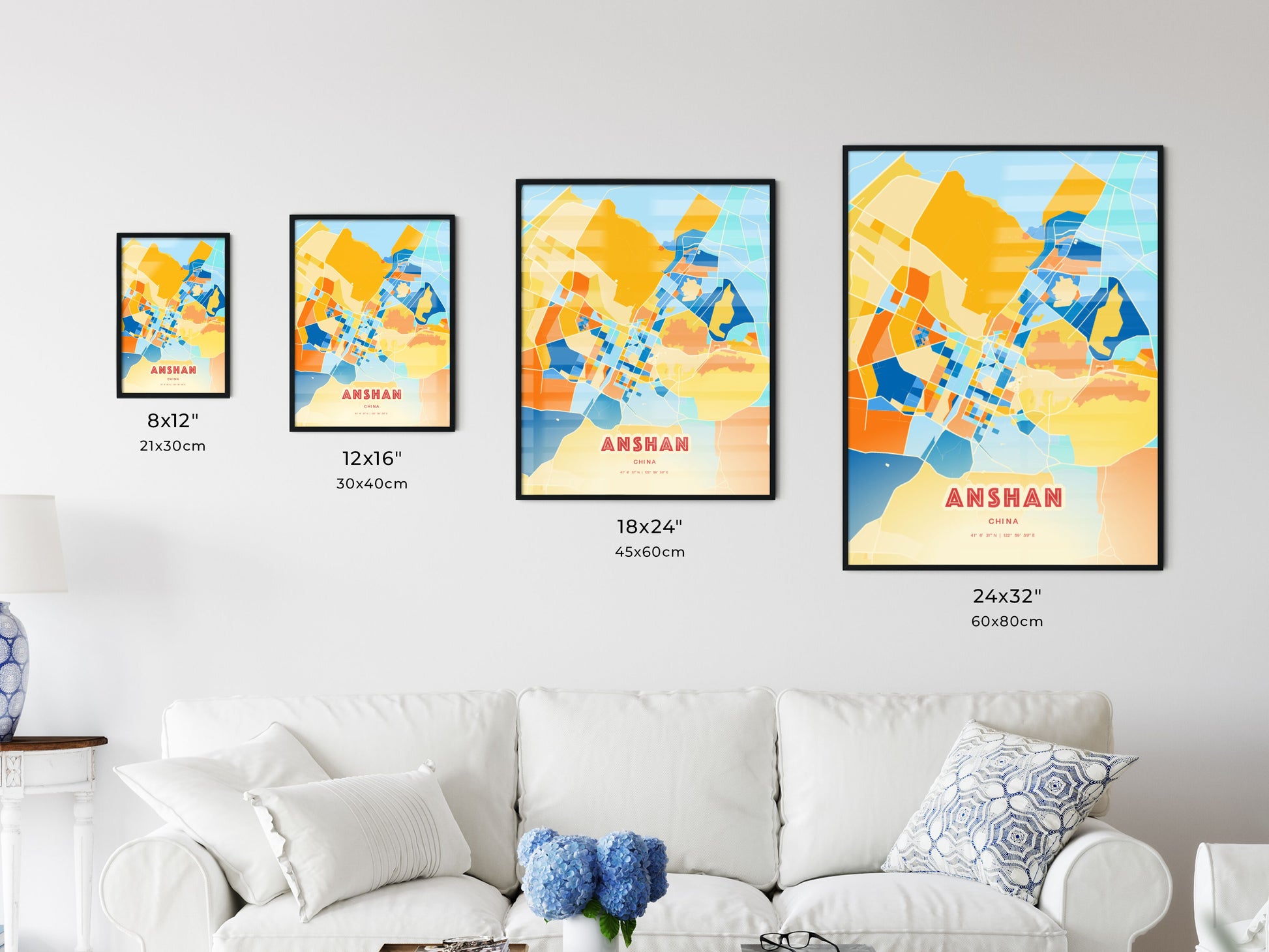 Colorful ANSHAN CHINA Fine Art Map Blue Orange